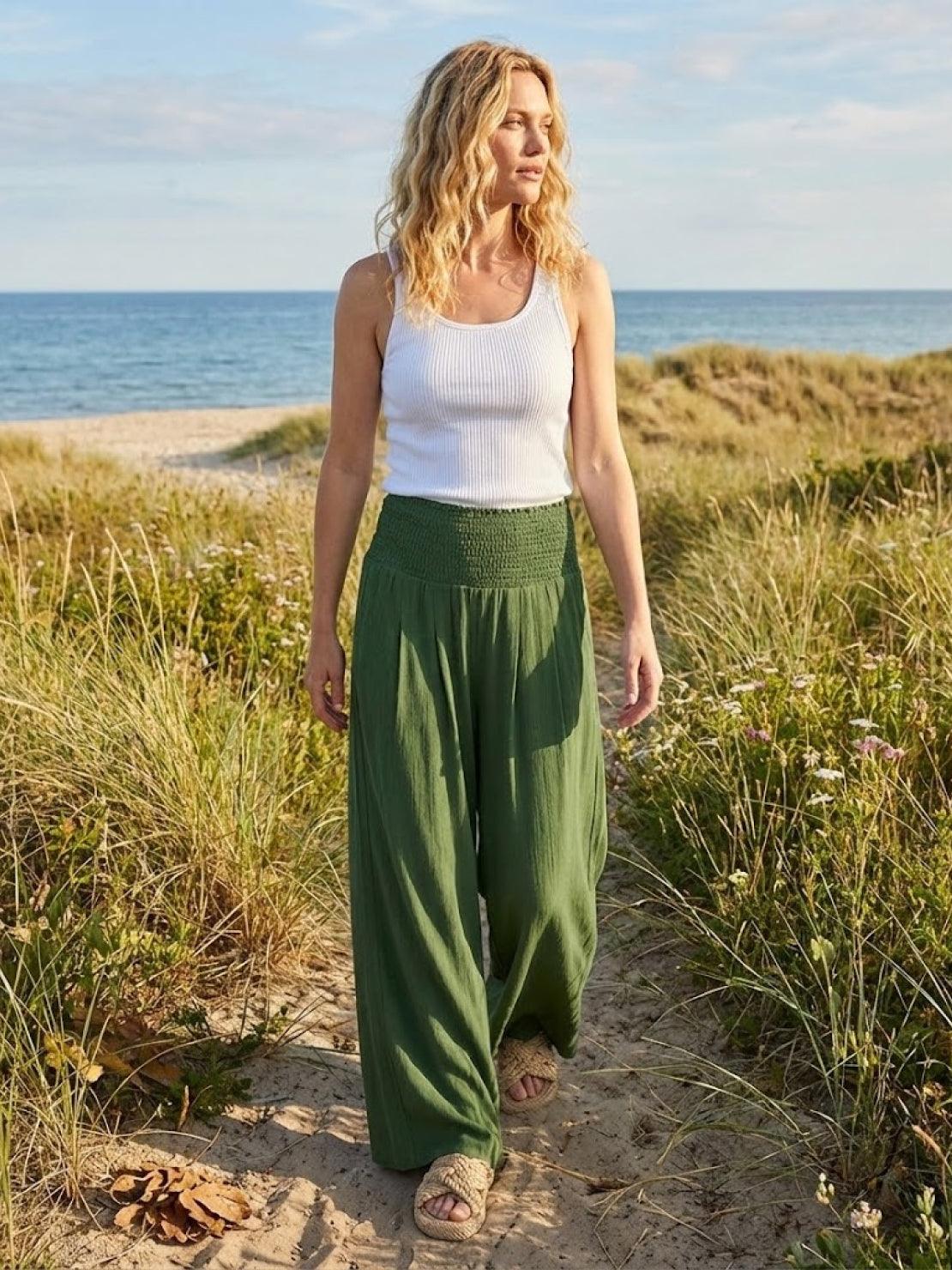 Women's High Waist Wide Leg Trousers with Smocked Waist and Relaxed Fit