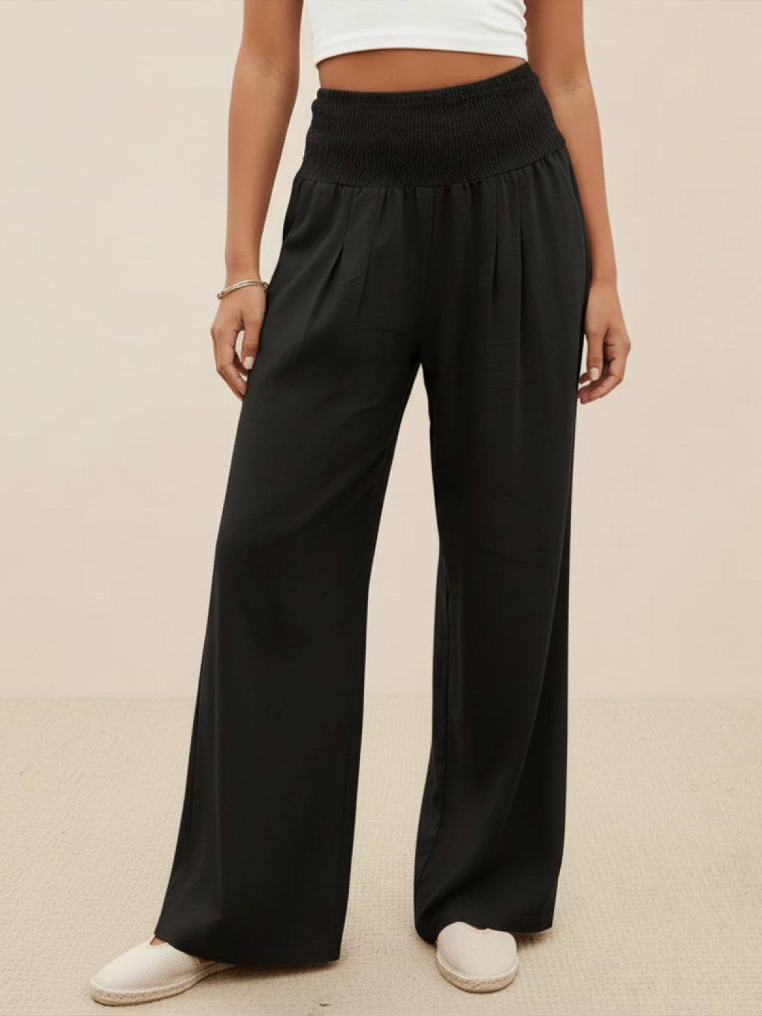 Women's High Waist Wide Leg Trousers with Smocked Waist and Relaxed Fit