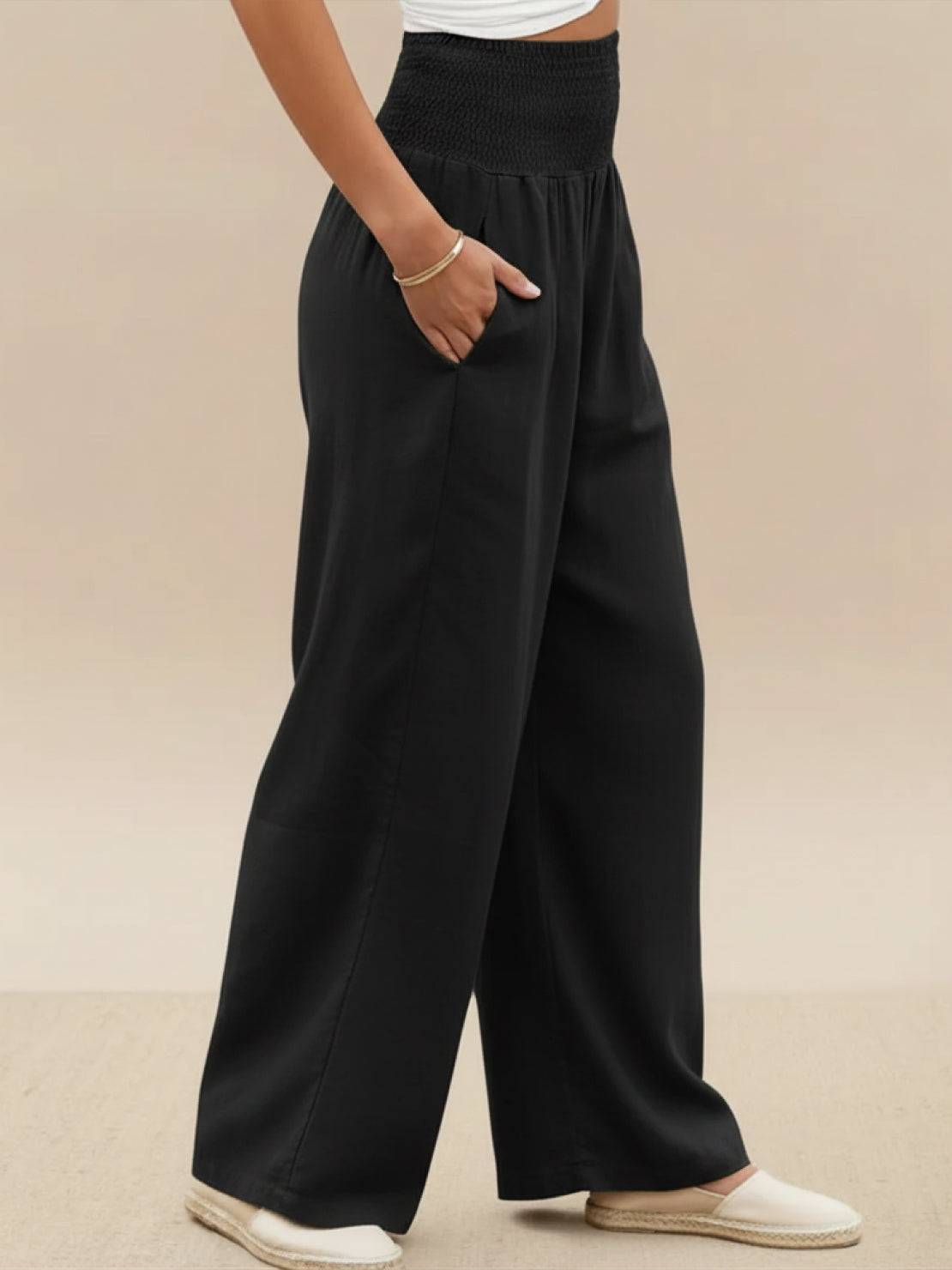Women's High Waist Wide Leg Trousers with Smocked Waist and Relaxed Fit