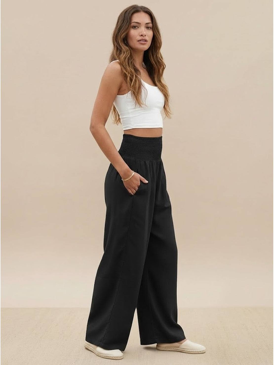 Women's High Waist Wide Leg Trousers with Smocked Waist and Relaxed Fit