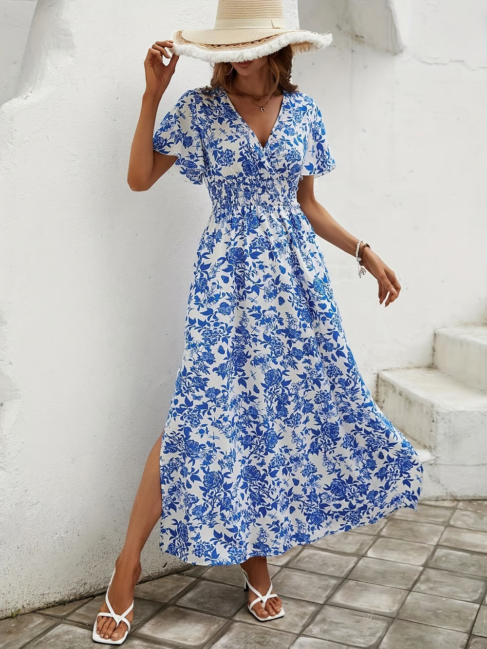 Women's Boho Beach Dress with V Neck and Flowy Design