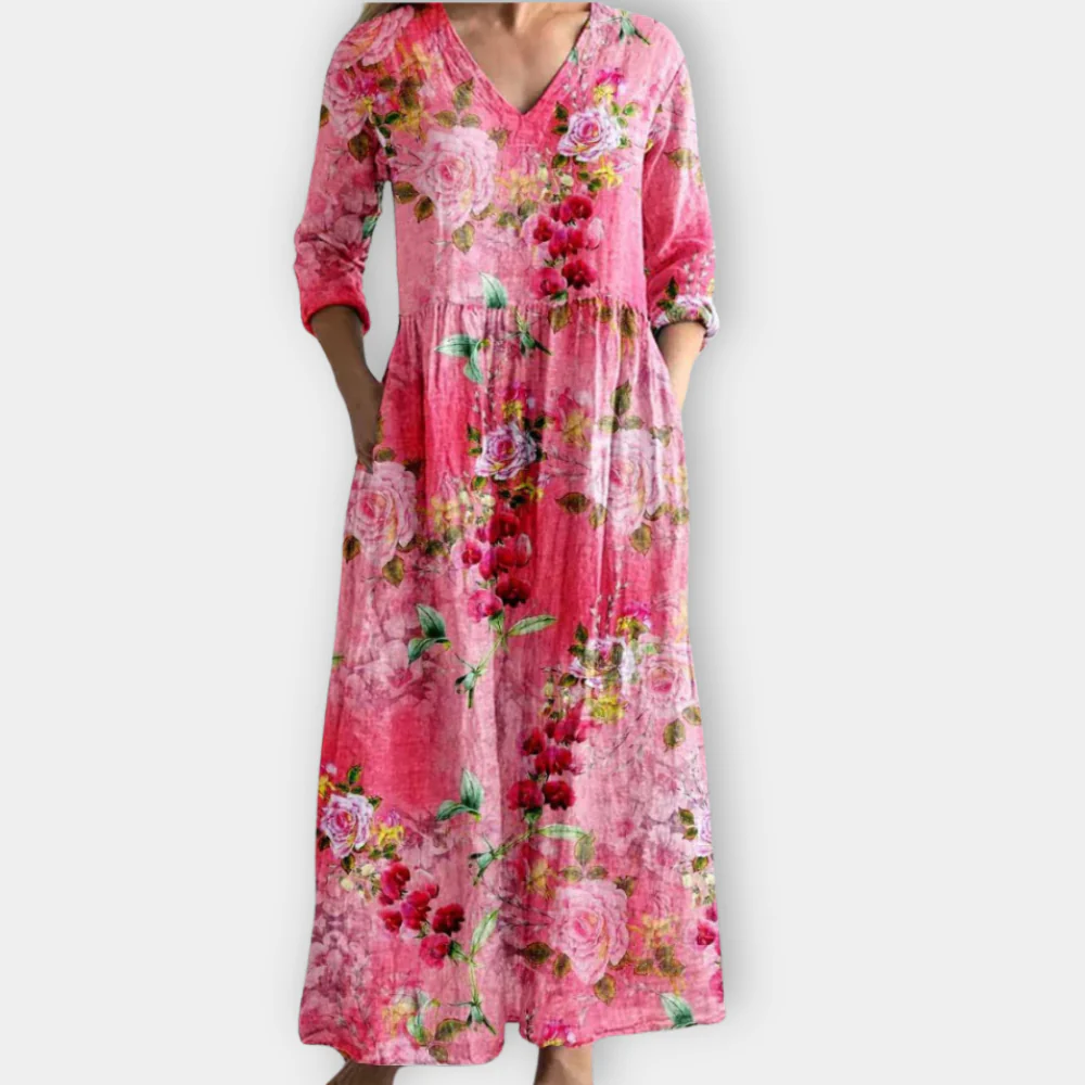 Women's Floral V-Neck Maxi Dress with Flowing Skirt and Adjustable Straps
