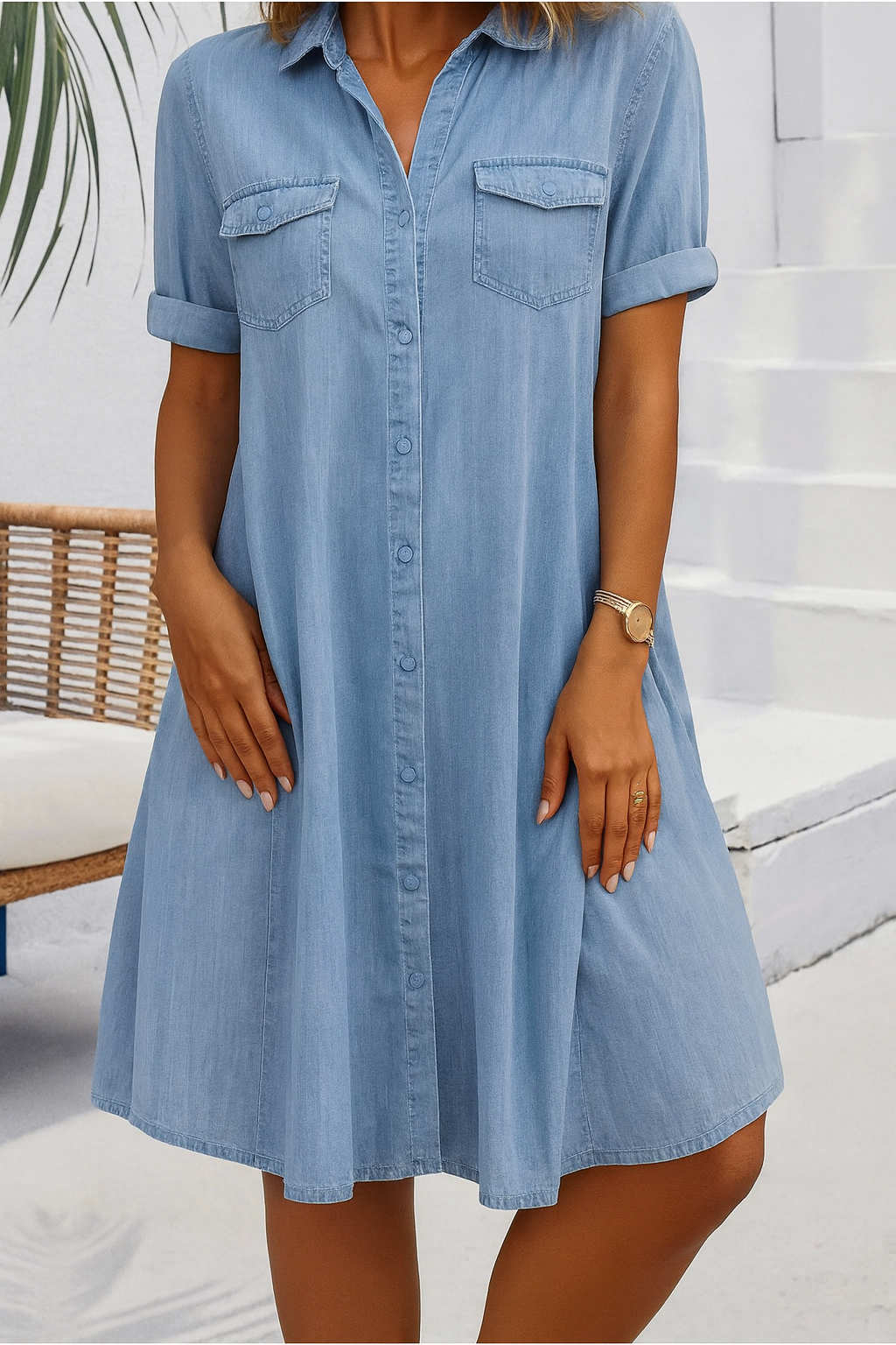 Women's Denim-Style Dress with Short Sleeves and Relaxed Fit