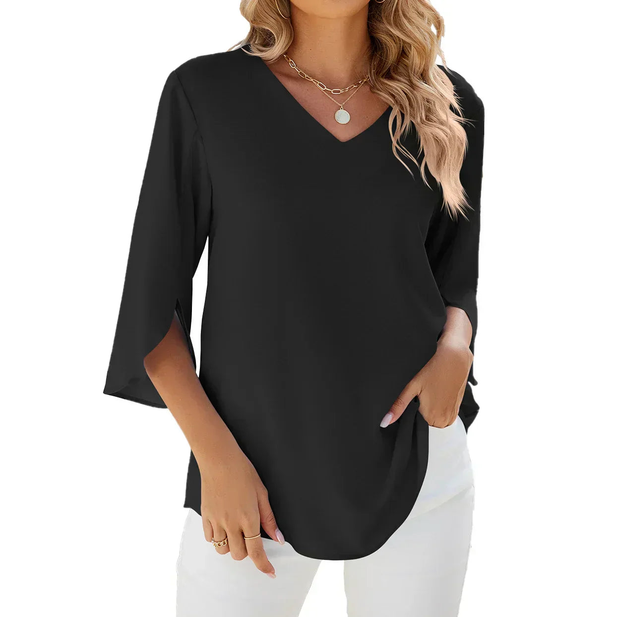 Women’s V-Neck Summer Blouse | 3/4 Sleeve Design