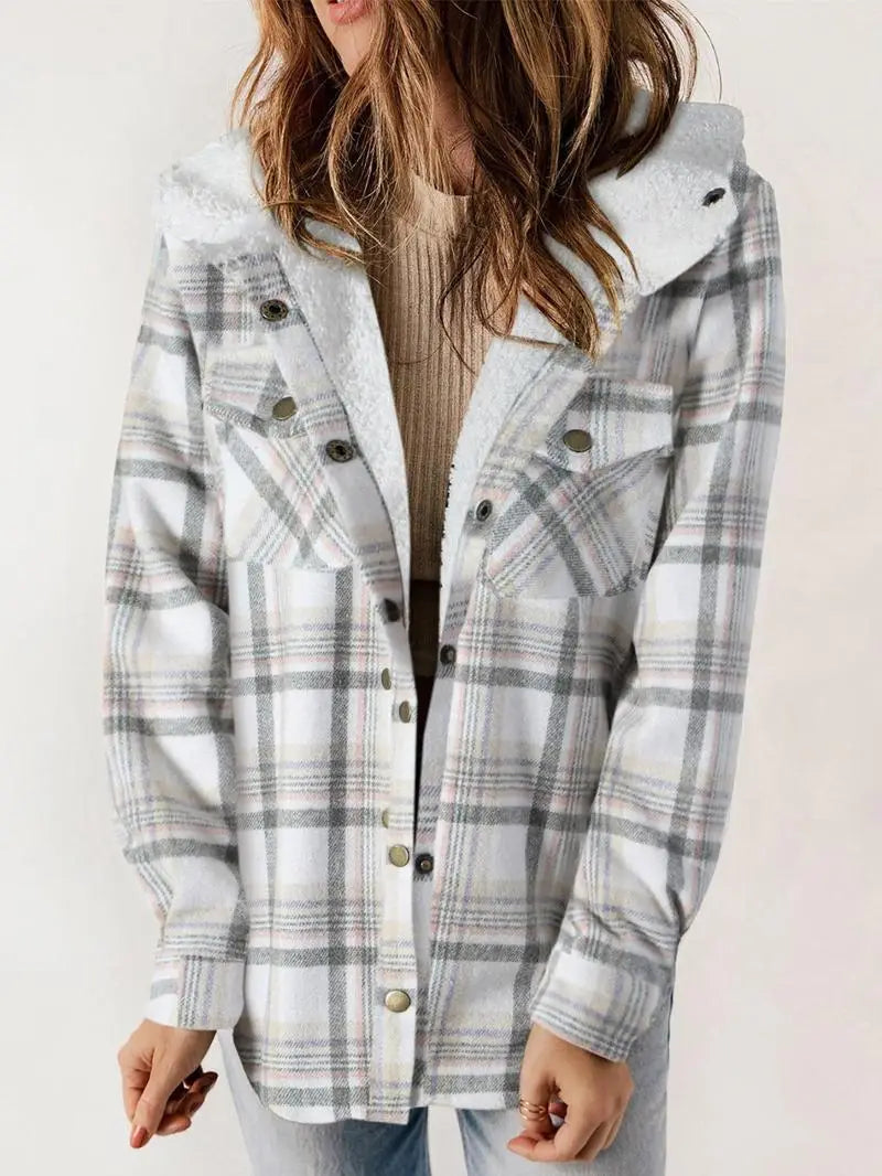 Women's Plaid Jacket with Button Closure and Side Pockets