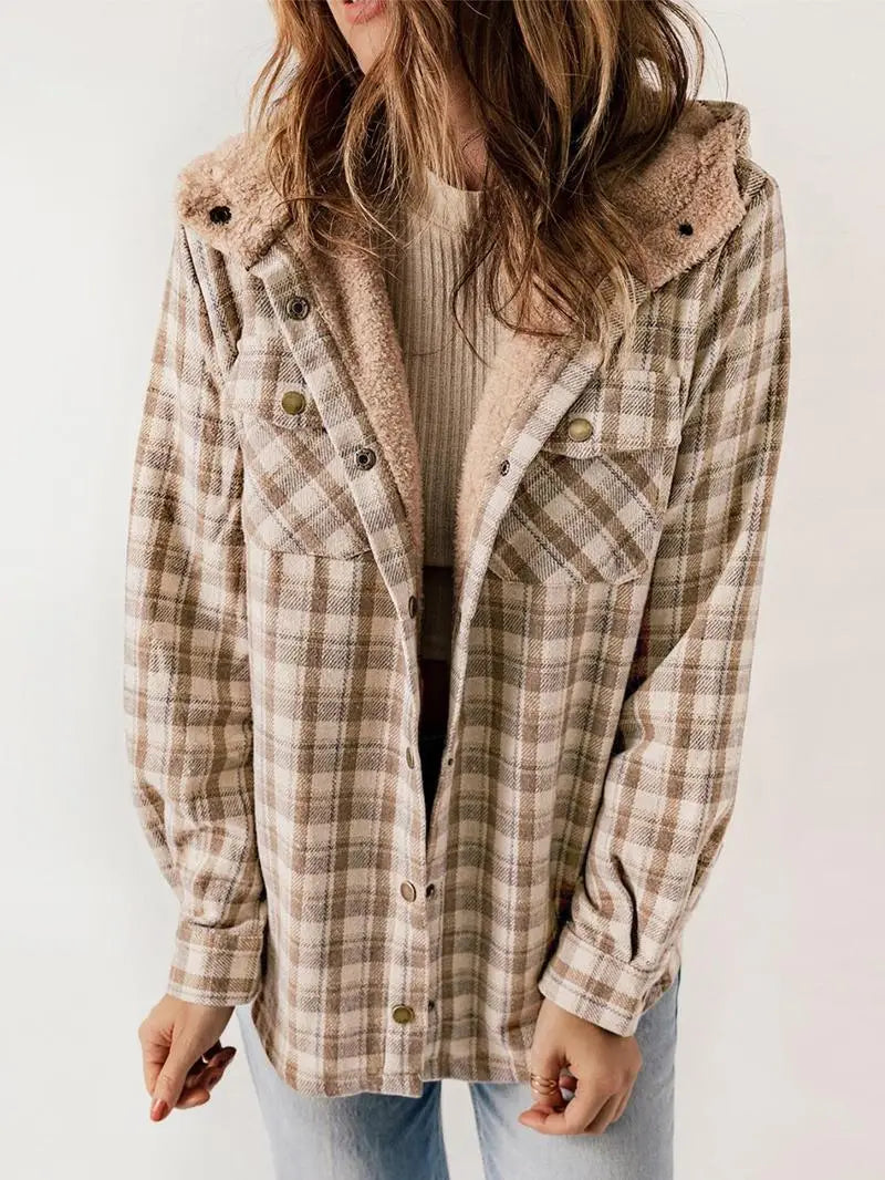 Women's Plaid Jacket with Button Closure and Side Pockets