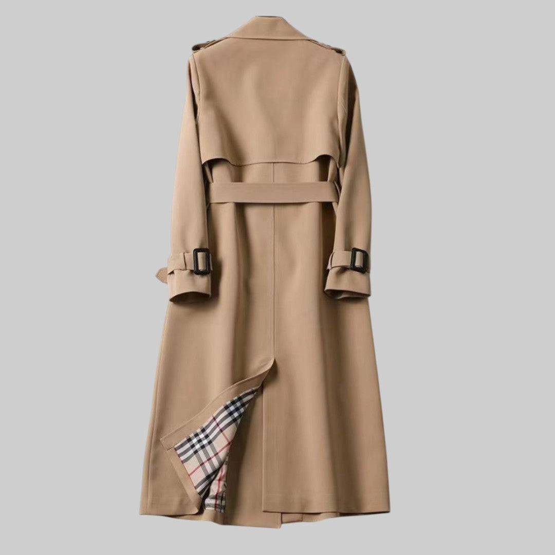 Women's Classic Trench Coat with Double-Breasted Design and Belted Waist