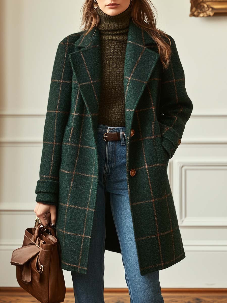 Women's Classic Plaid Coat with Button Closure and Side Pockets
