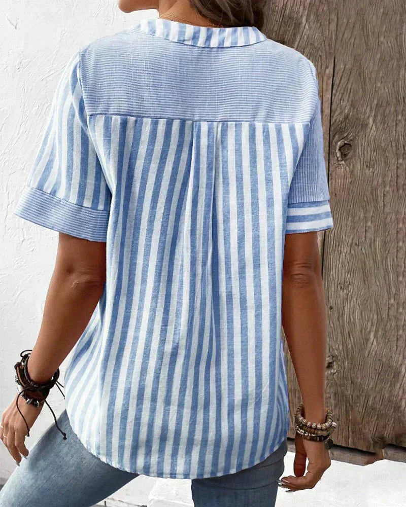 Women's Striped Blouse with Short Sleeves and Lightweight Fabric
