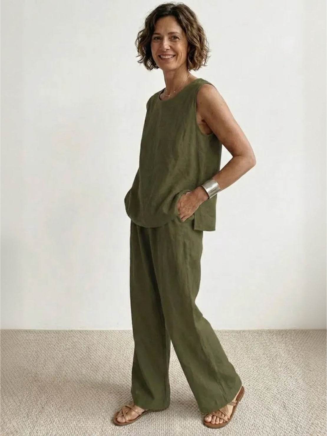 Women's Sleeveless Tank Top with Matching Wide-Leg Trousers
