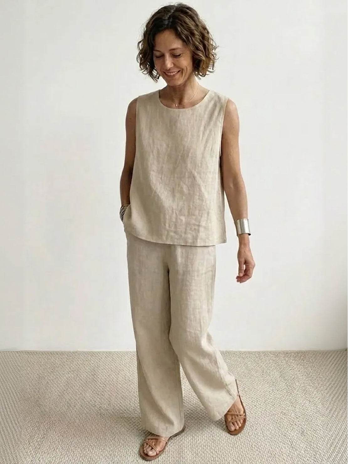Women's Sleeveless Tank Top with Matching Wide-Leg Trousers