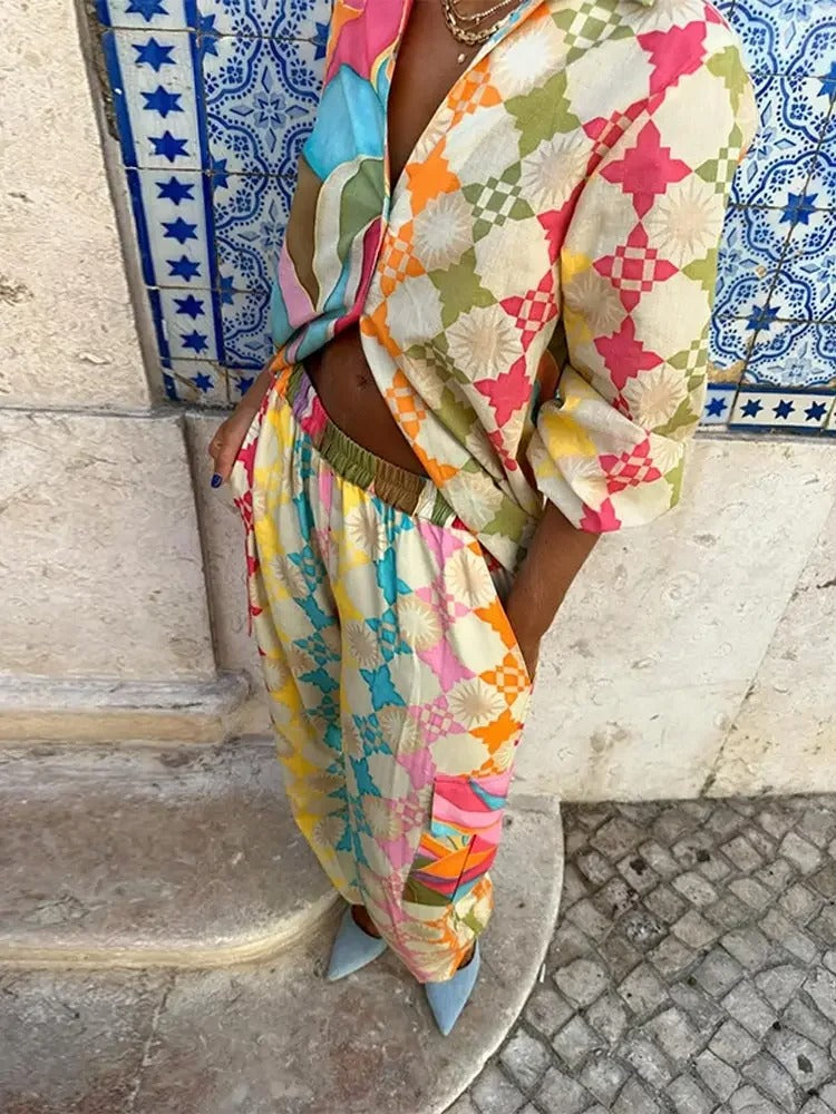 Women’s Long Sleeve Jumpsuit | Geometric Pattern