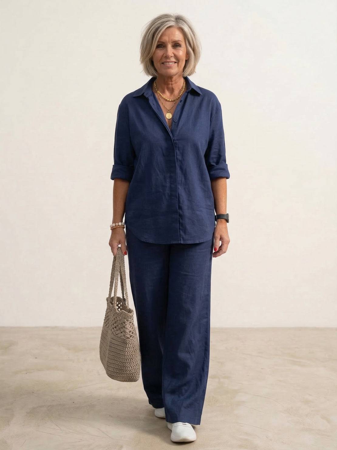 Women's Button-Down Shirt with Wide-Leg Trousers Set