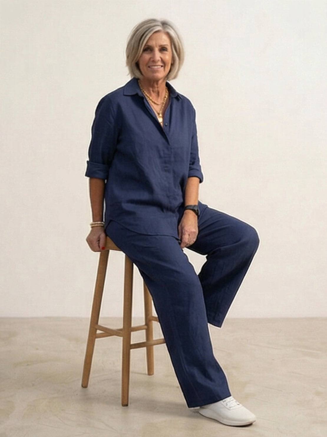 Women's Button-Down Shirt with Wide-Leg Trousers Set