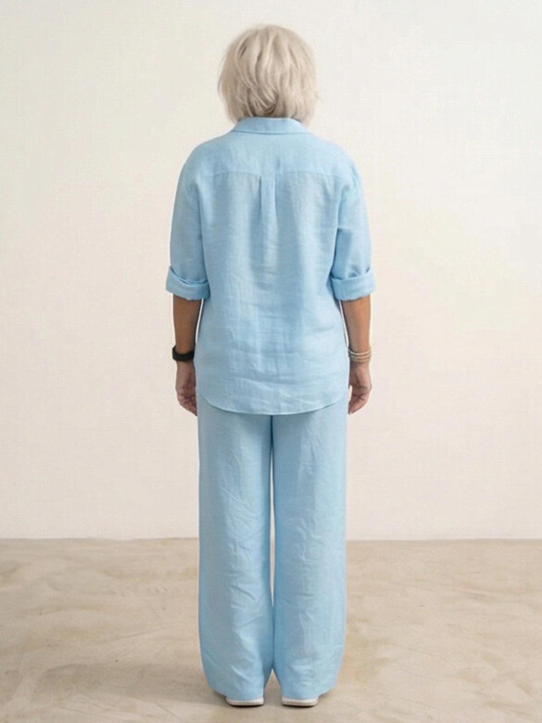 Women's Button-Down Shirt with Wide-Leg Trousers Set