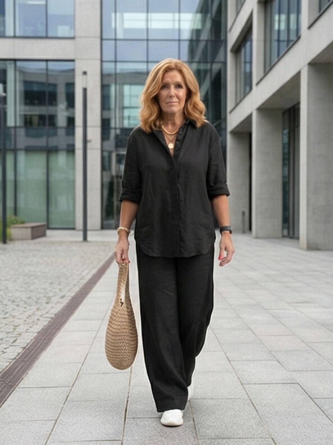 Women's Button-Down Shirt with Wide-Leg Trousers Set