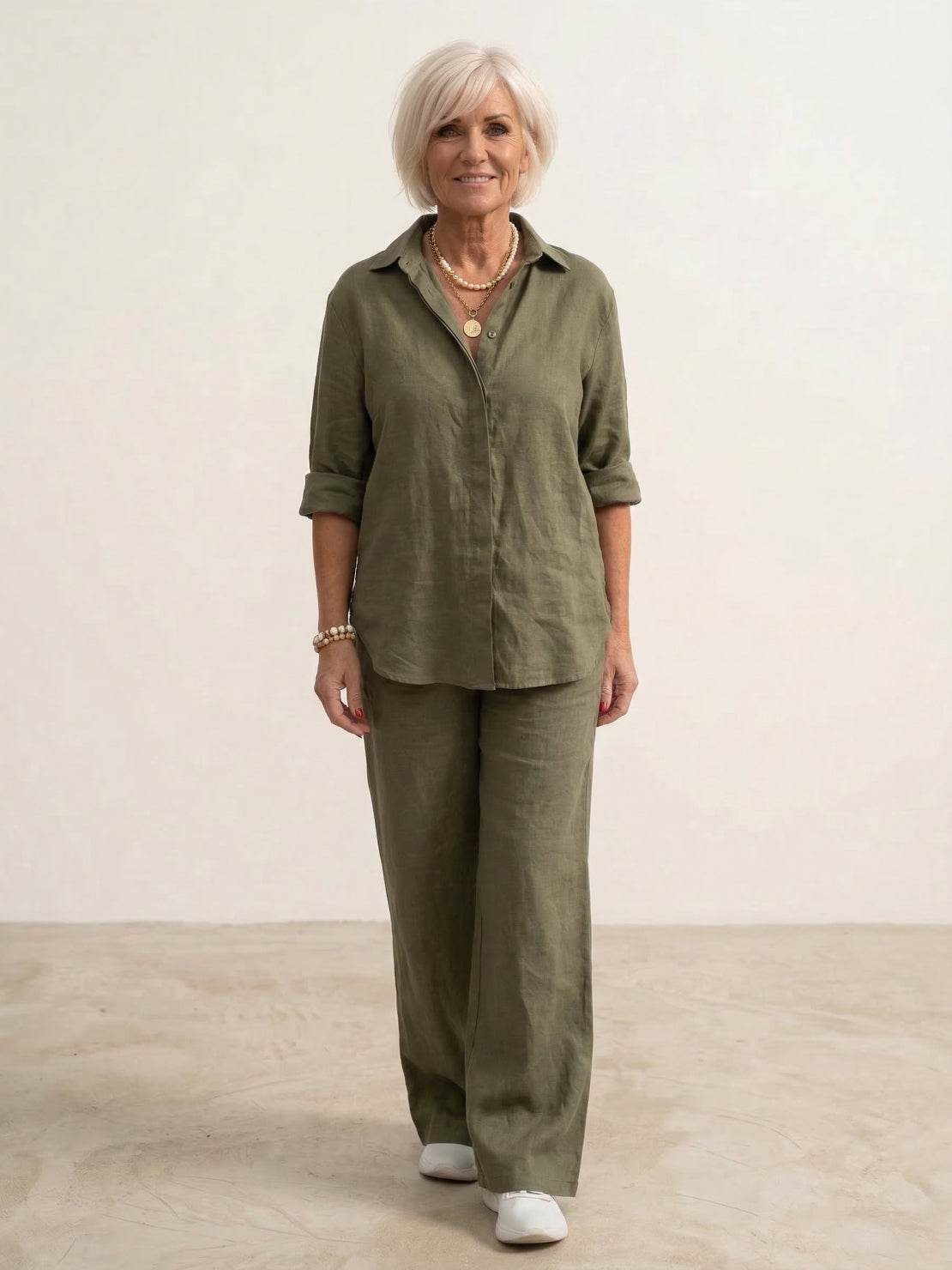 Women's Button-Down Shirt with Wide-Leg Trousers Set