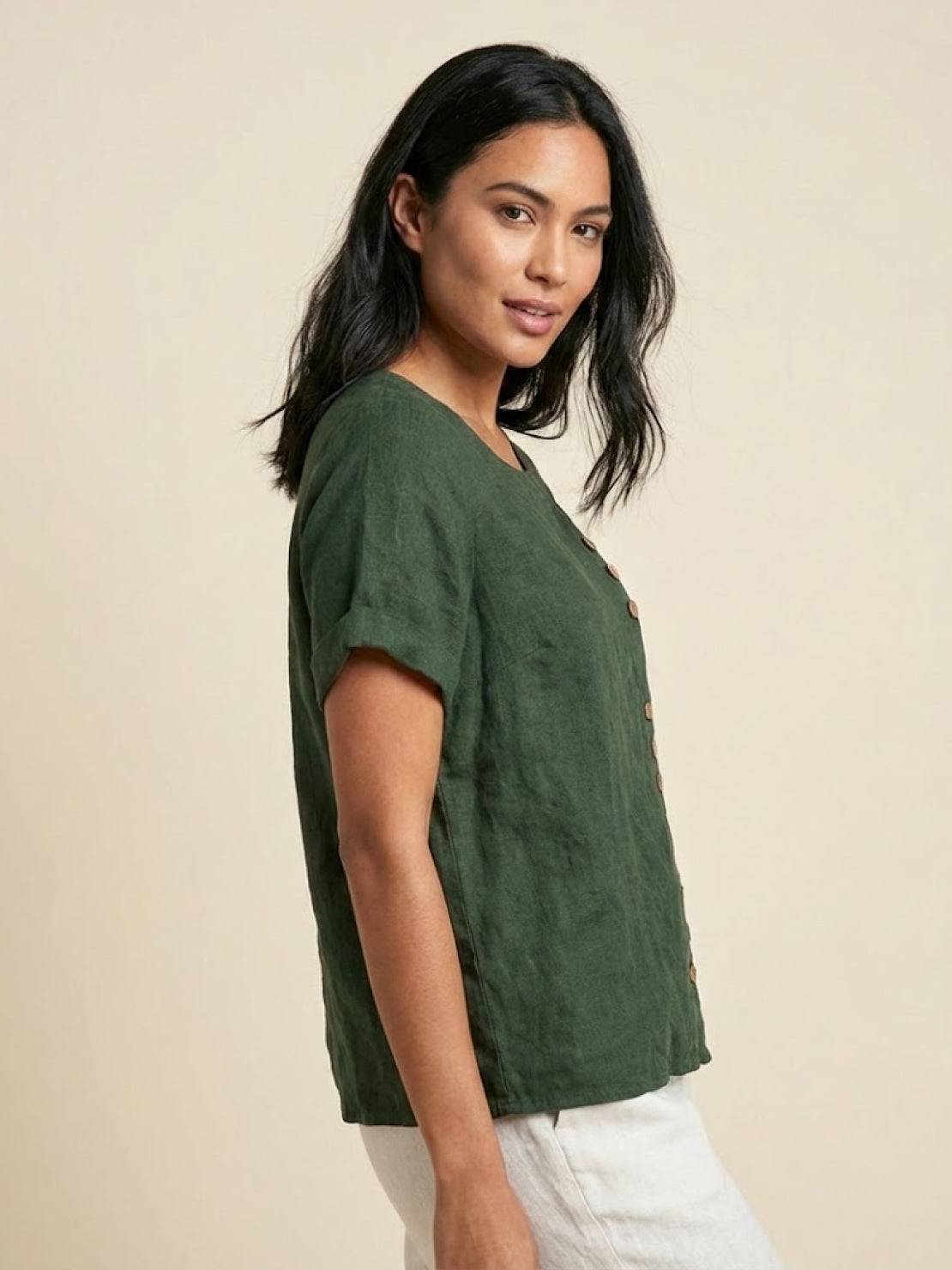 Women's Short Sleeve Top with Scoop Neck and Button Detail