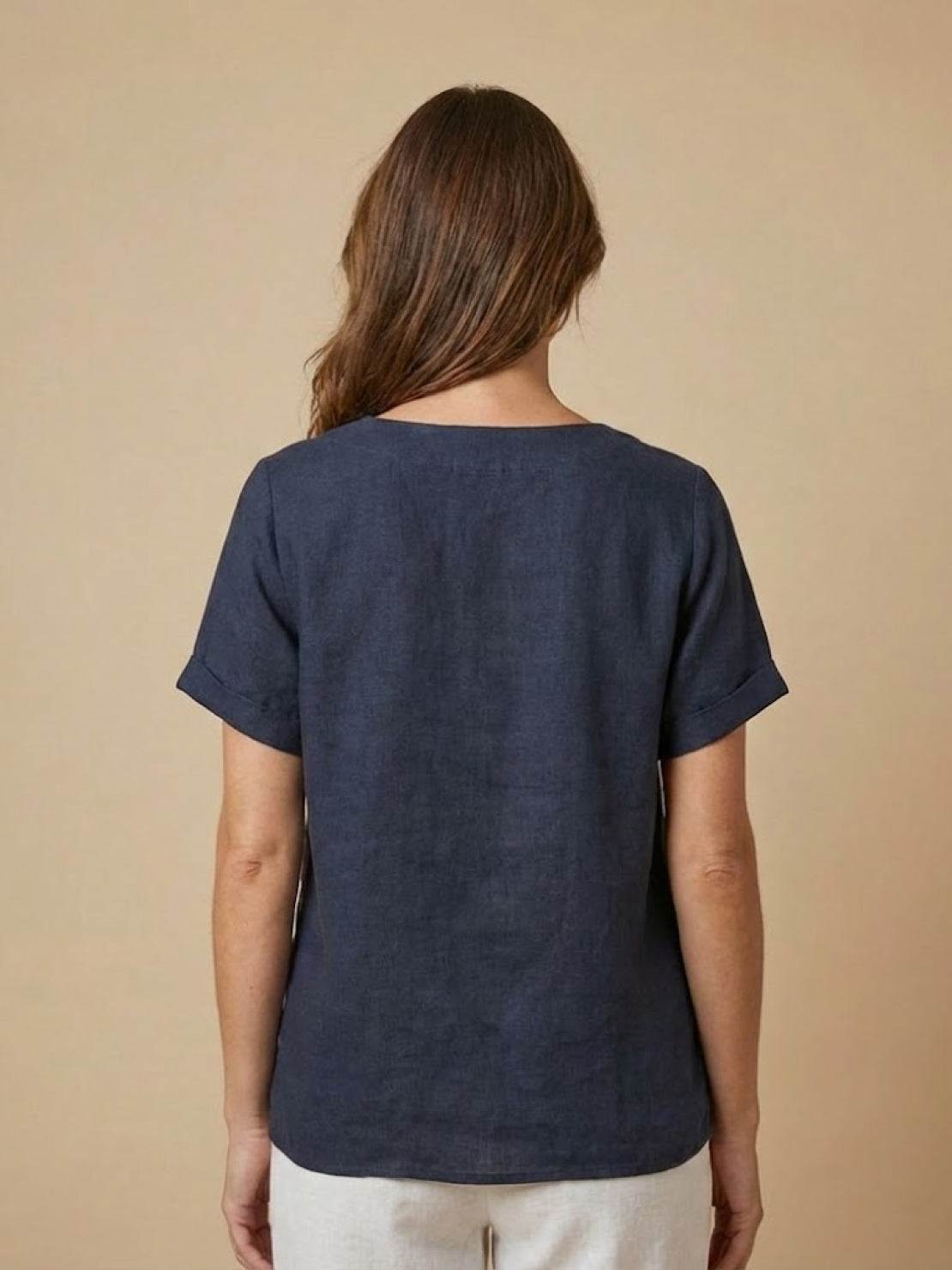 Women's Short Sleeve Top with Scoop Neck and Button Detail