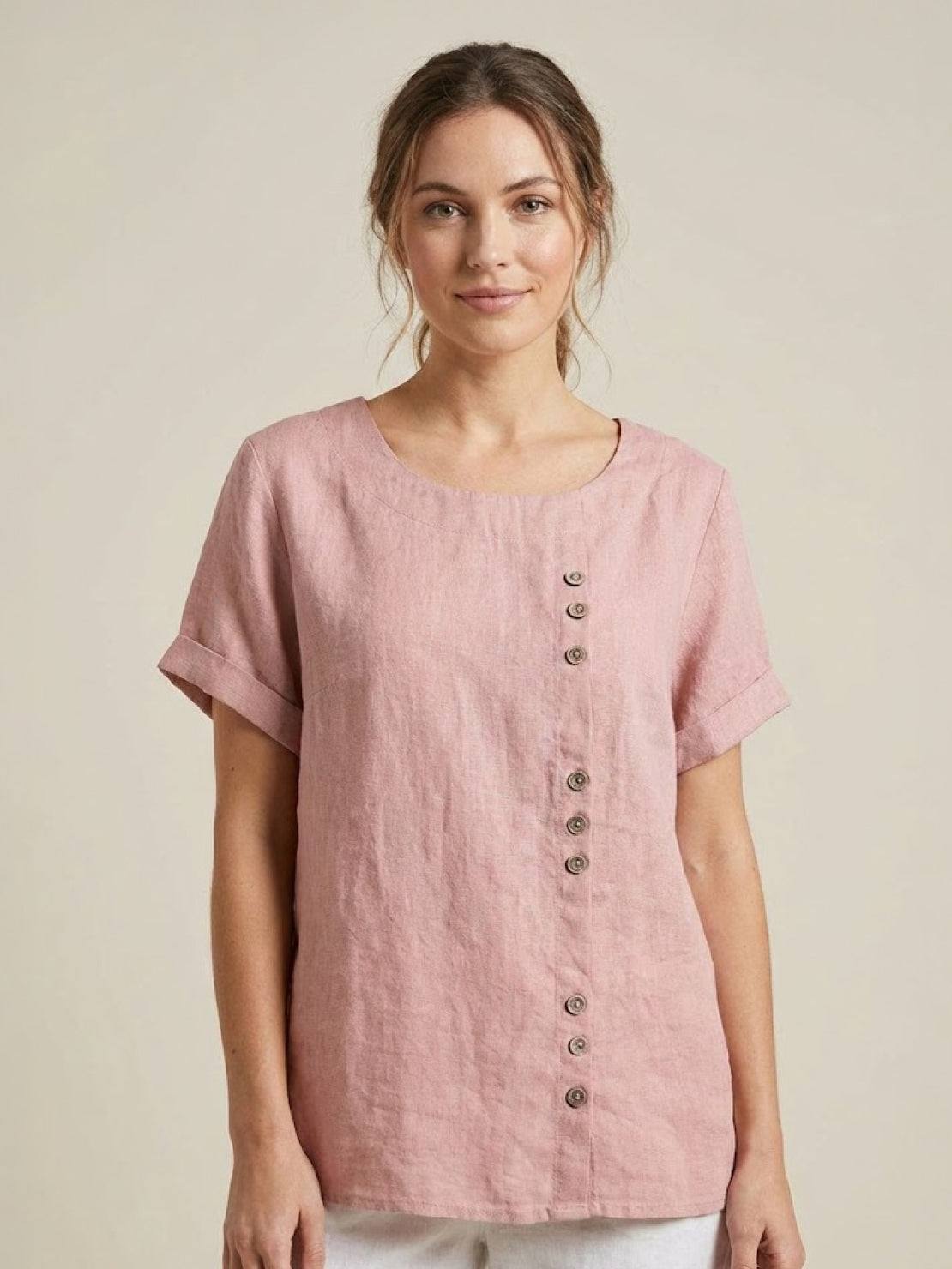 Women's Short Sleeve Top with Scoop Neck and Button Detail