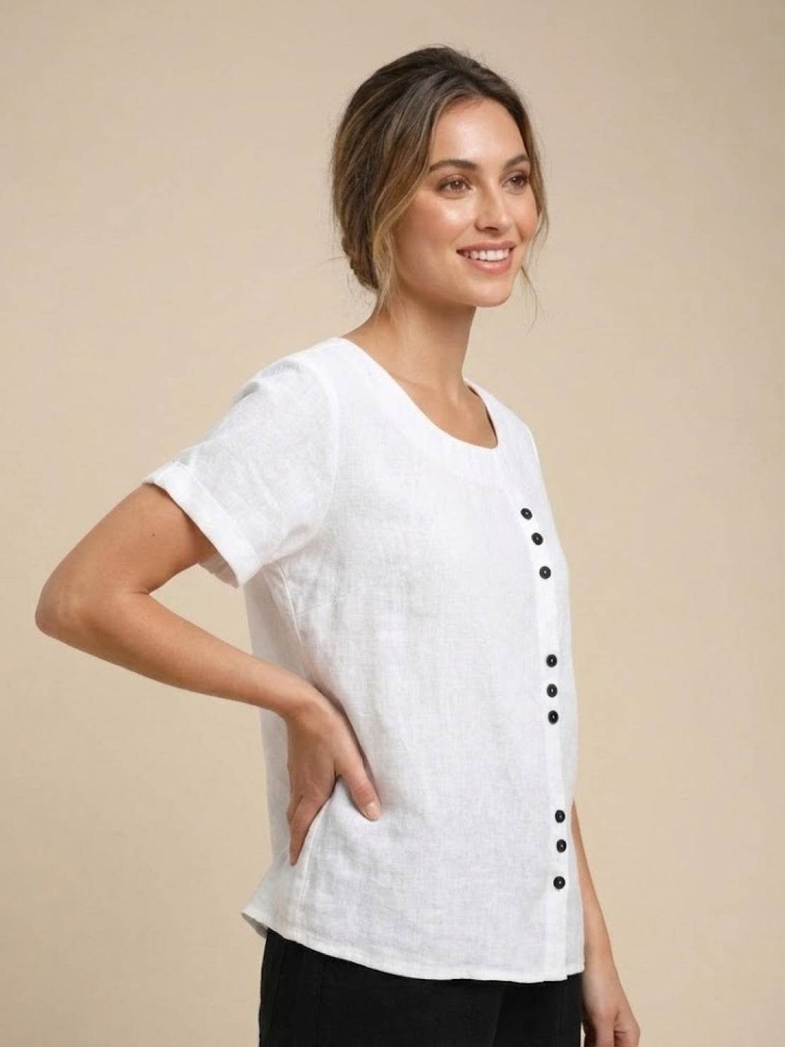 Women's Short Sleeve Top with Scoop Neck and Button Detail