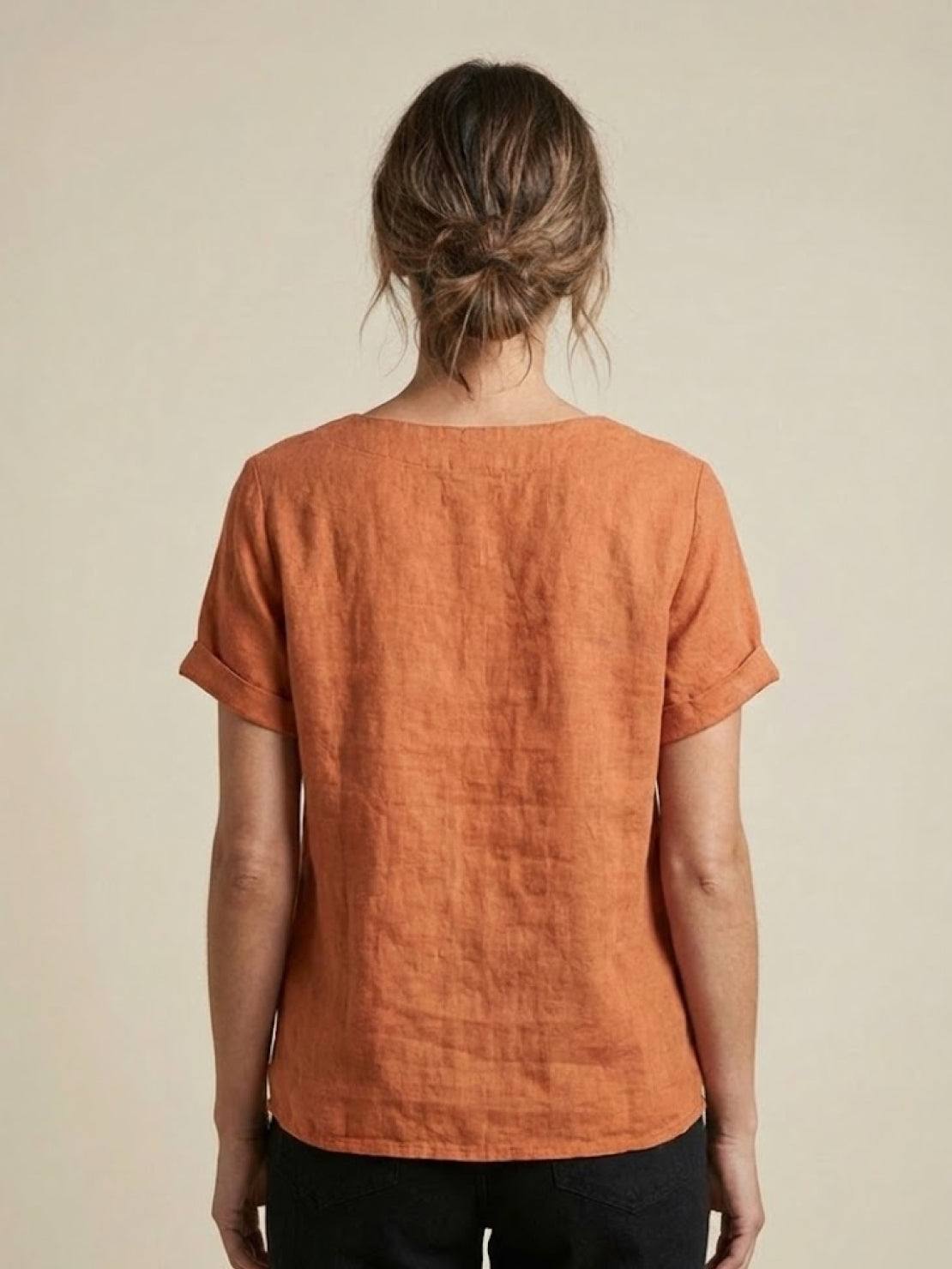 Women's Short Sleeve Top with Scoop Neck and Button Detail