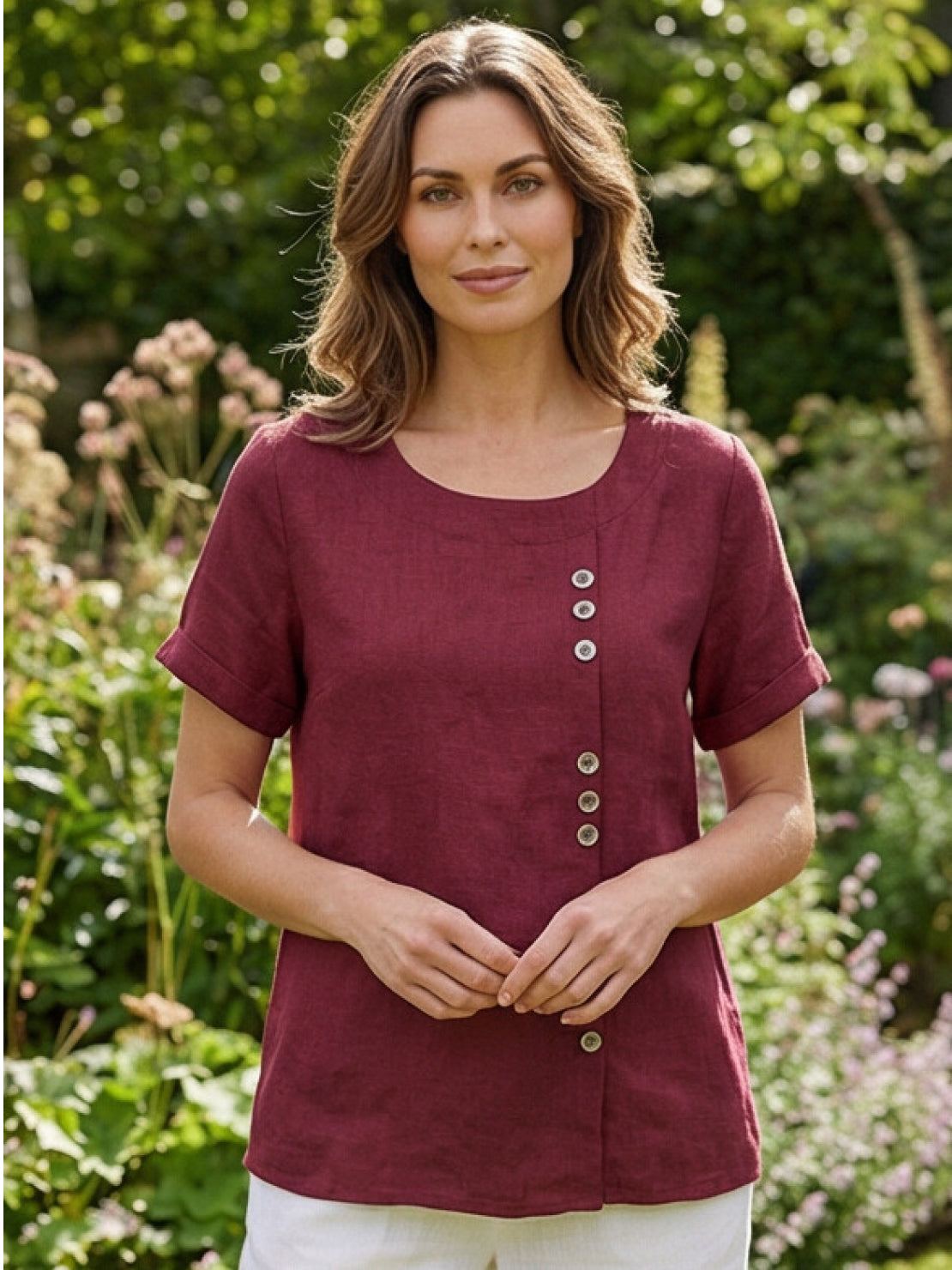 Women's Short Sleeve Top with Scoop Neck and Button Detail