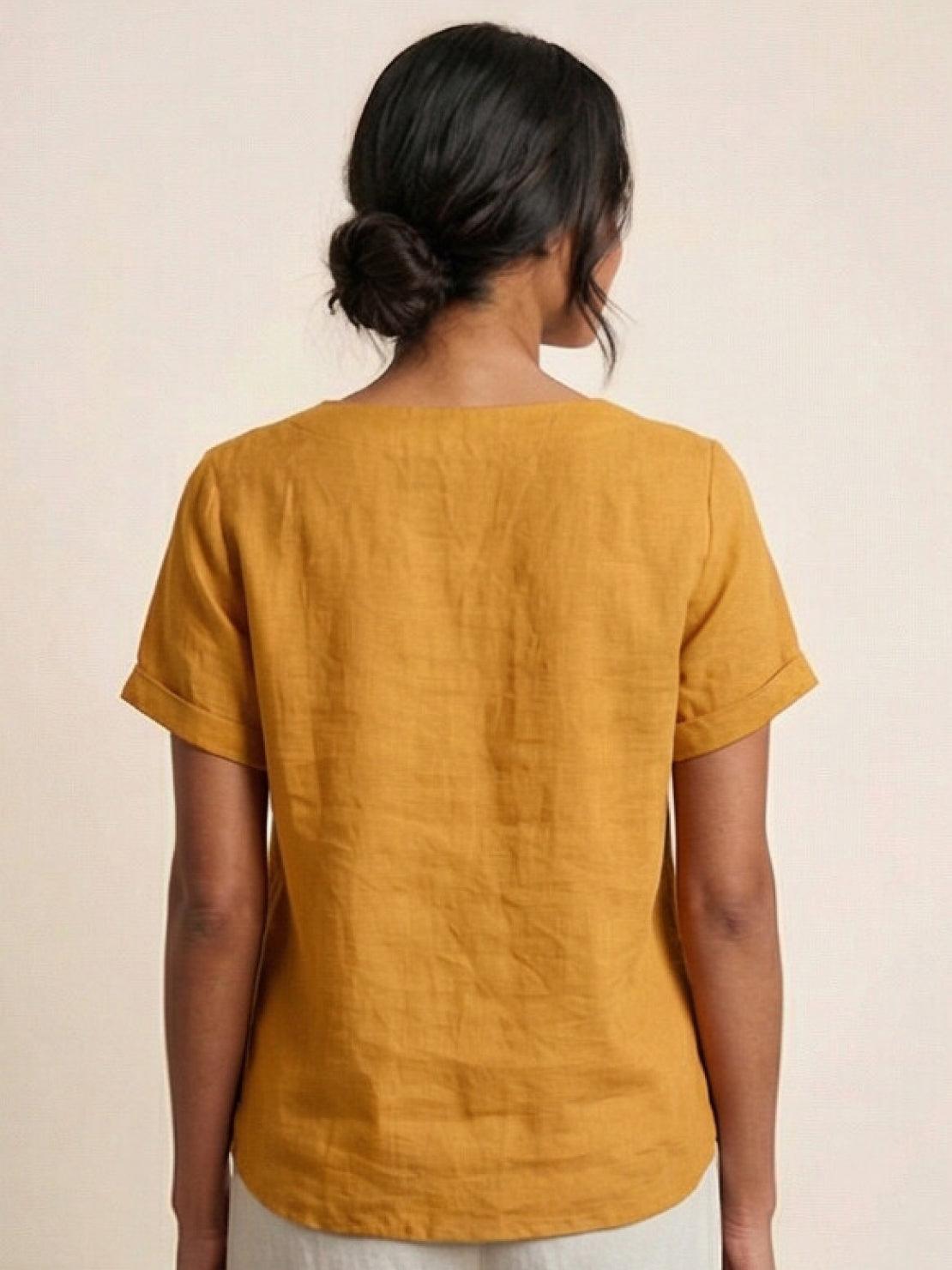 Women's Short Sleeve Top with Scoop Neck and Button Detail