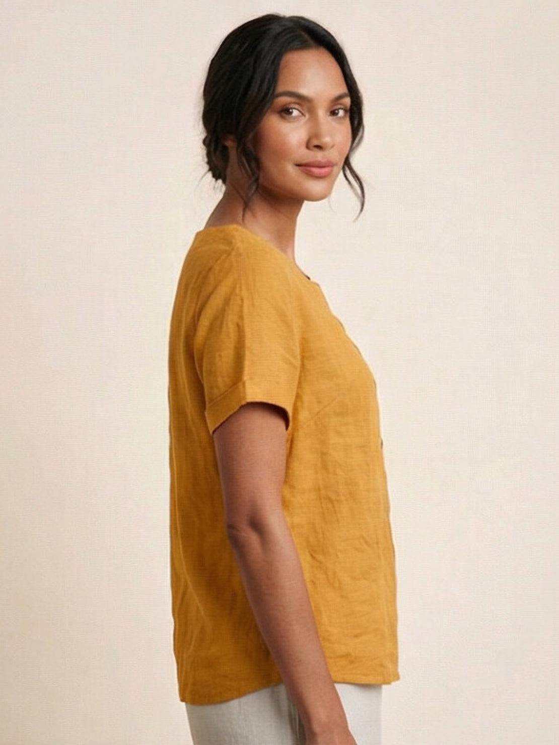 Women's Short Sleeve Top with Scoop Neck and Button Detail