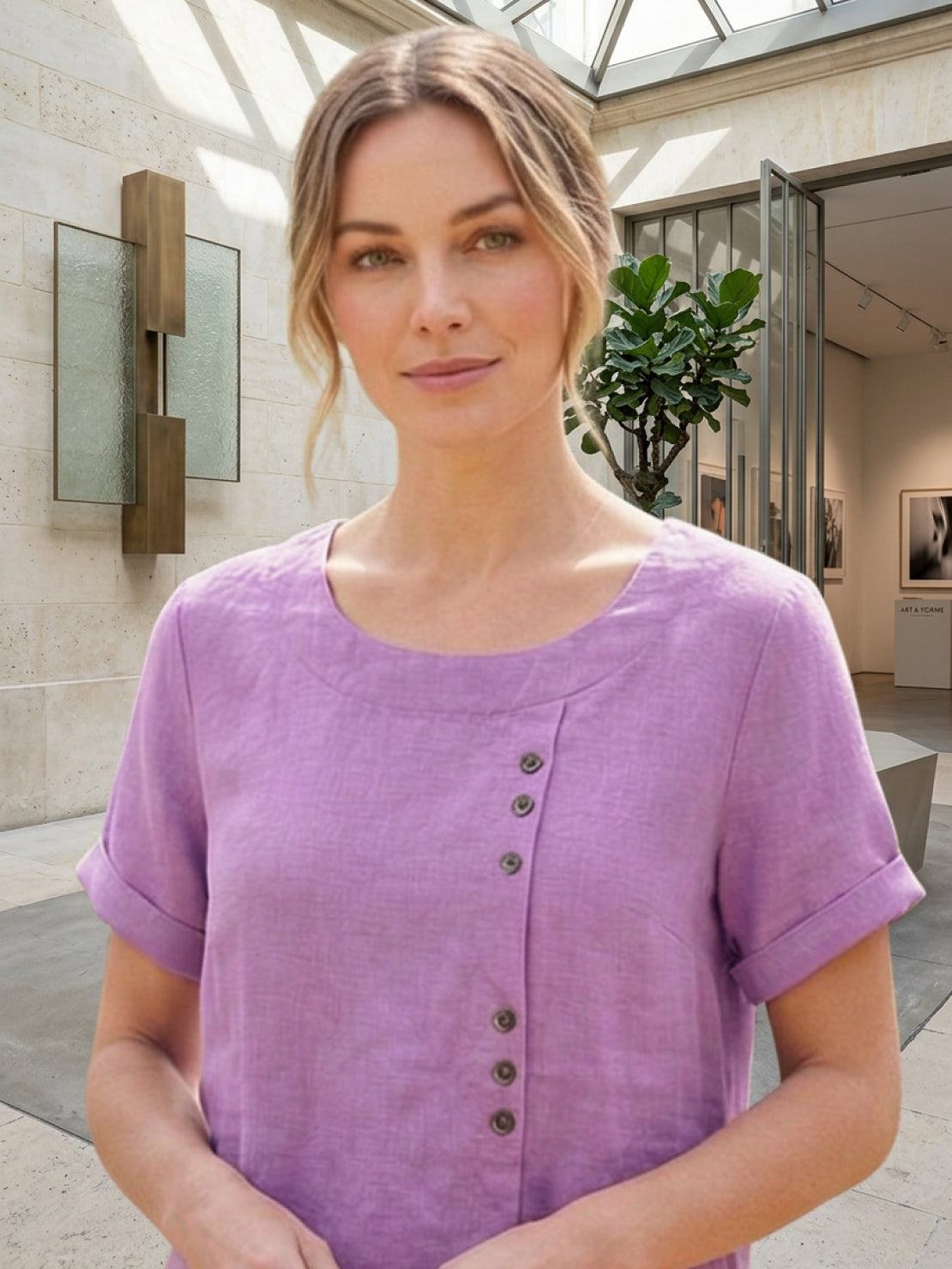 Women's Short Sleeve Top with Scoop Neck and Button Detail