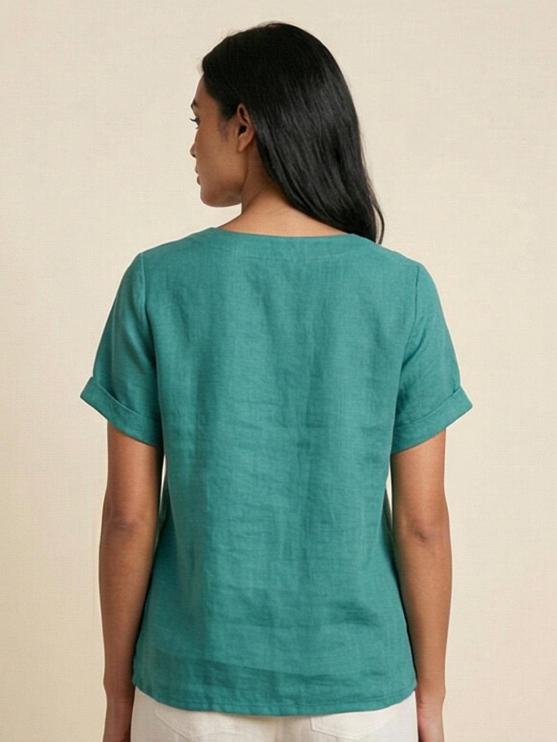Women's Short Sleeve Top with Scoop Neck and Button Detail