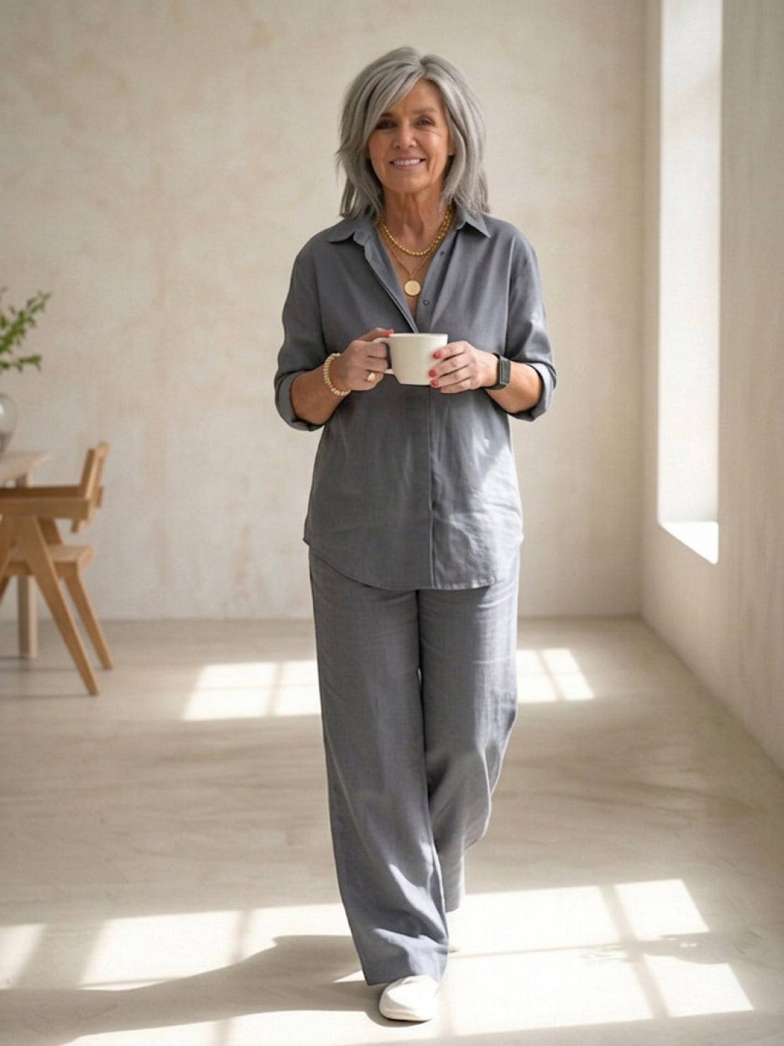 Women's Button-Down Shirt with Wide-Leg Trousers Set