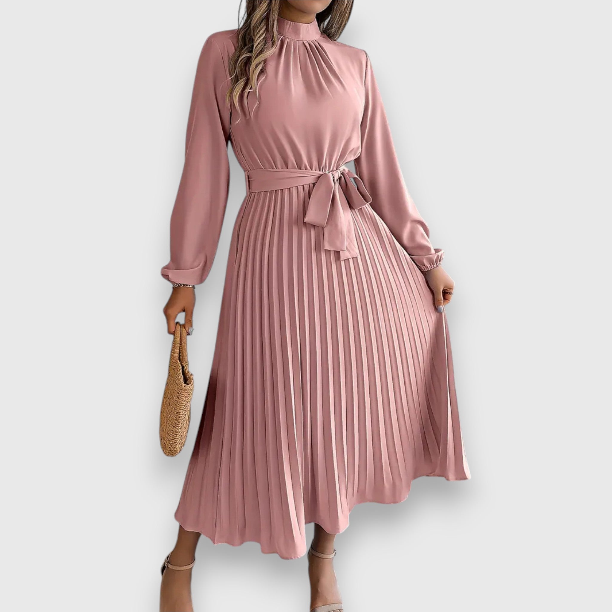 Women's Pleated Midi Dress with Flared Skirt and Sleeveless Design