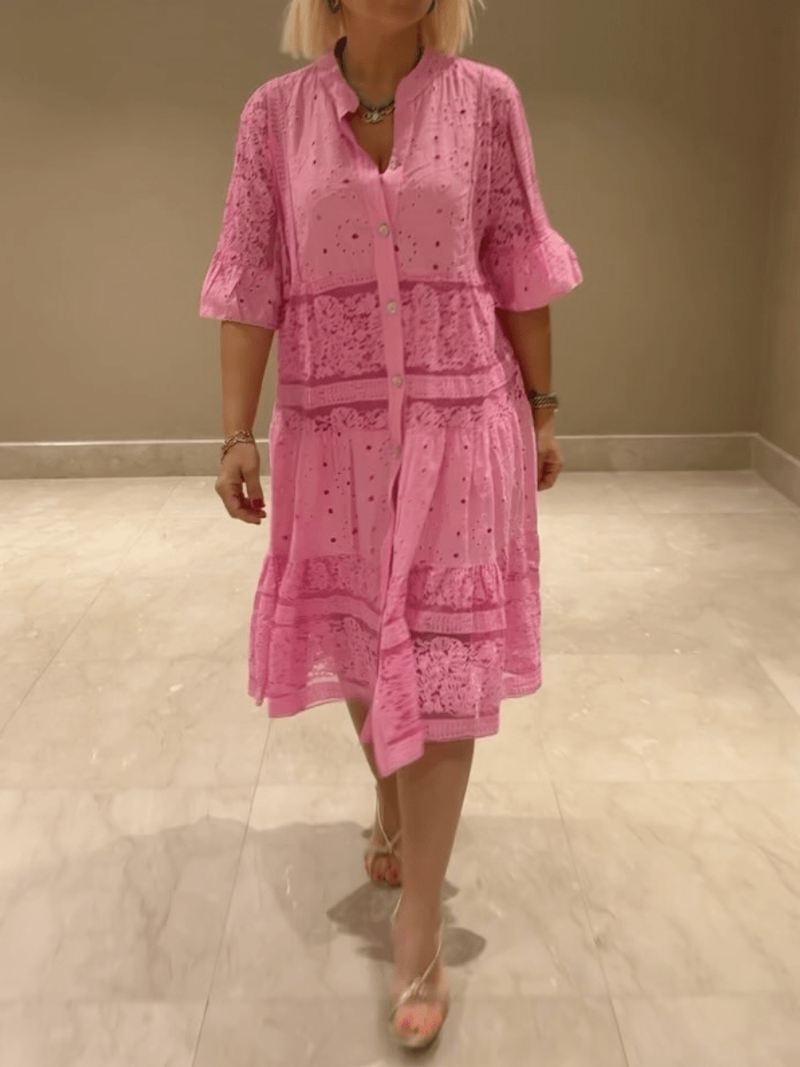 Women's Floral Midi Dress with Short Sleeves and A-Line Silhouette