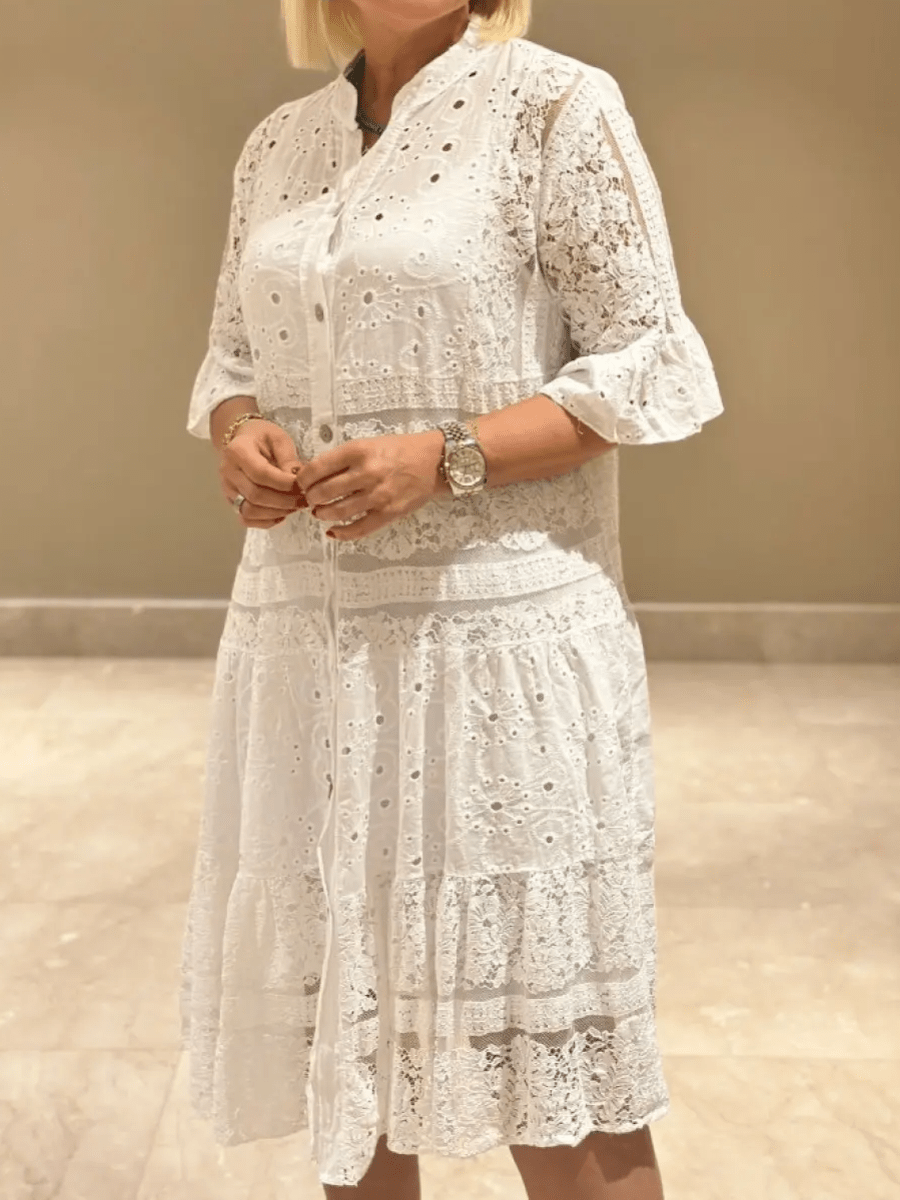 Women's Floral Midi Dress with Short Sleeves and A-Line Silhouette