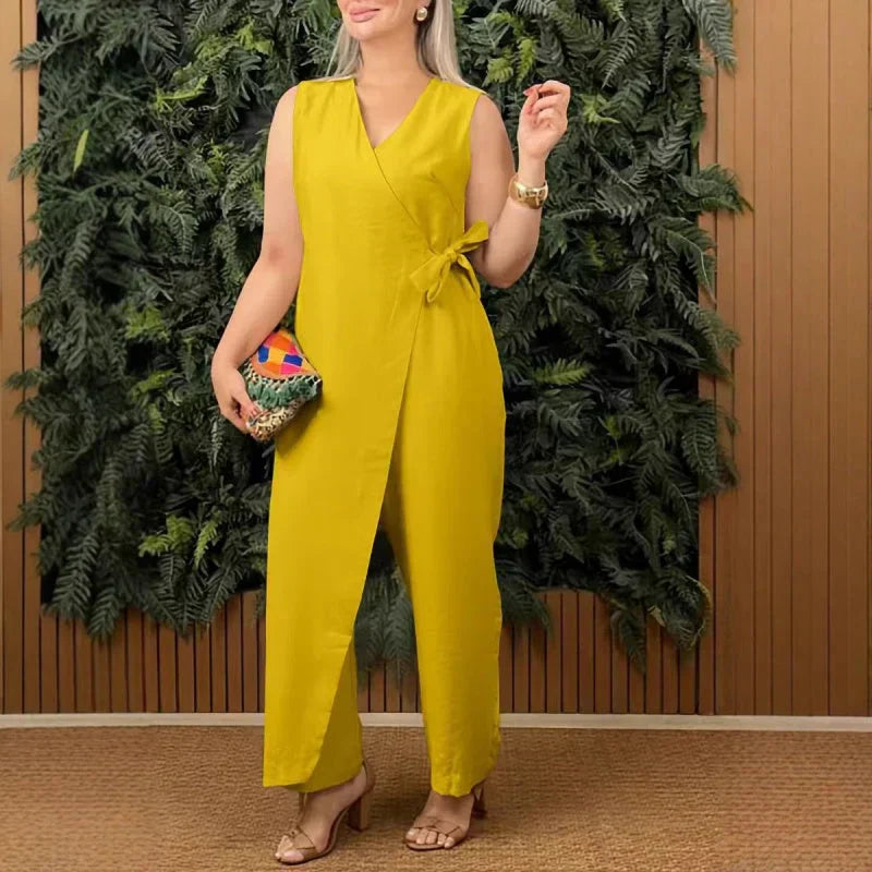 Women's Wide Leg Jumpsuit with Wrap V-Neck and Belt