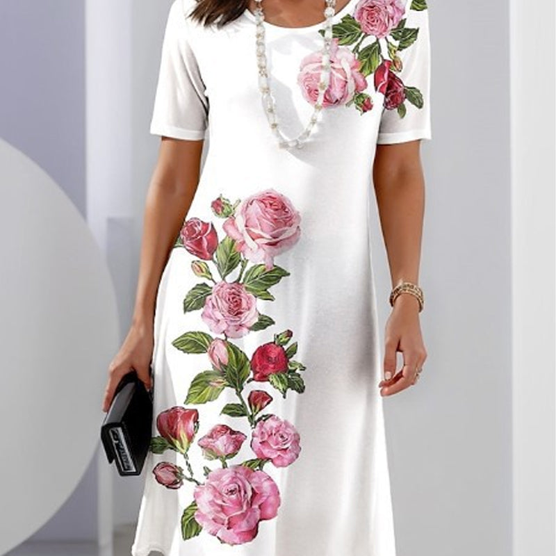 Women's Floral Print Dress with Short Sleeves and A-Line Silhouette