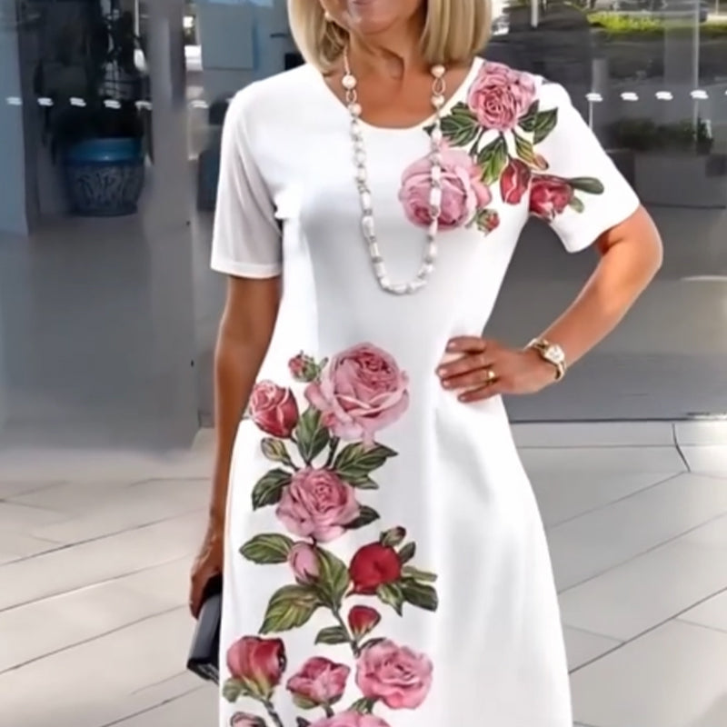 Women's Floral Print Dress with Short Sleeves and A-Line Silhouette