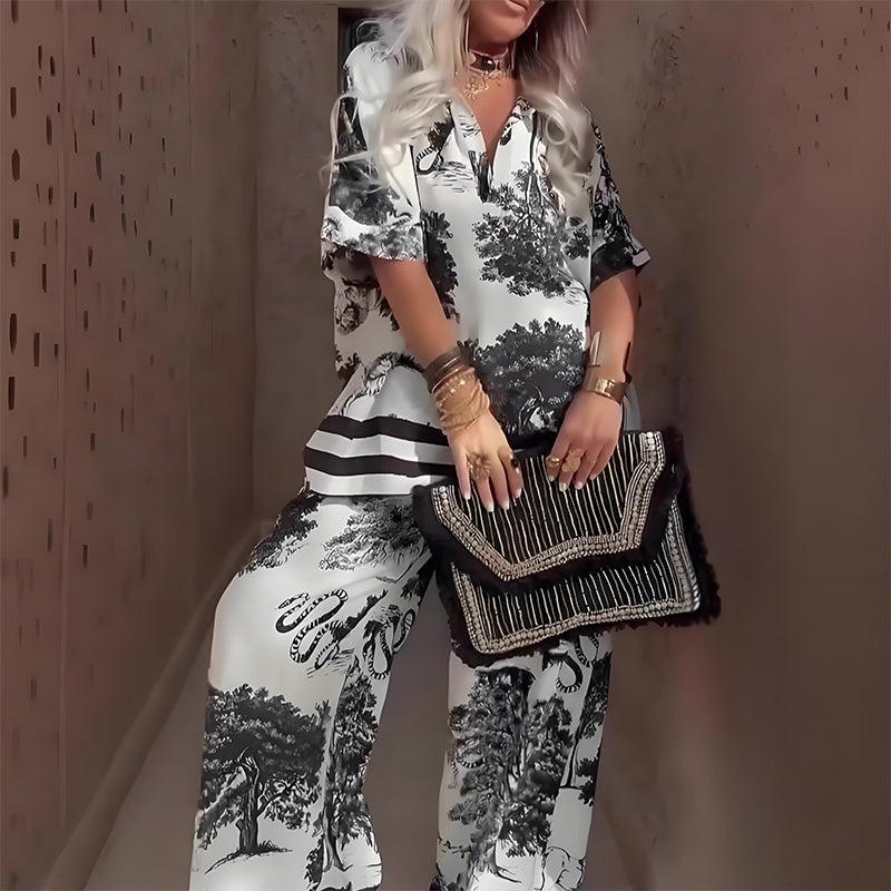 Women's Printed V-Neck Top with Matching Long Trousers