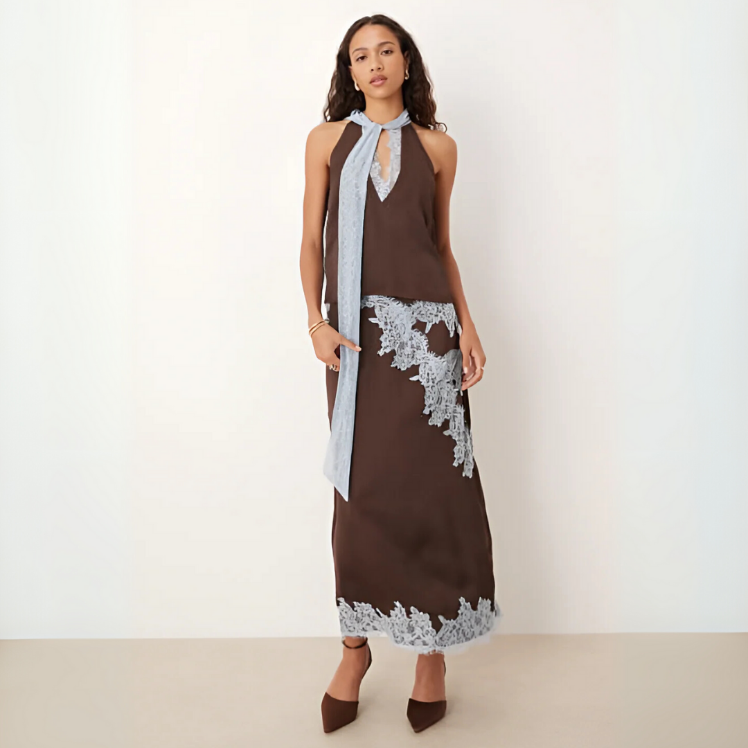 Women's Lace Panel Top and Skirt Set with Stylish Design and Versatile Fit
