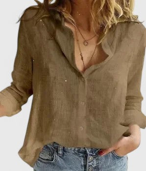 Women's Button Down Shirt with Lapel Collar and Linen Fabric