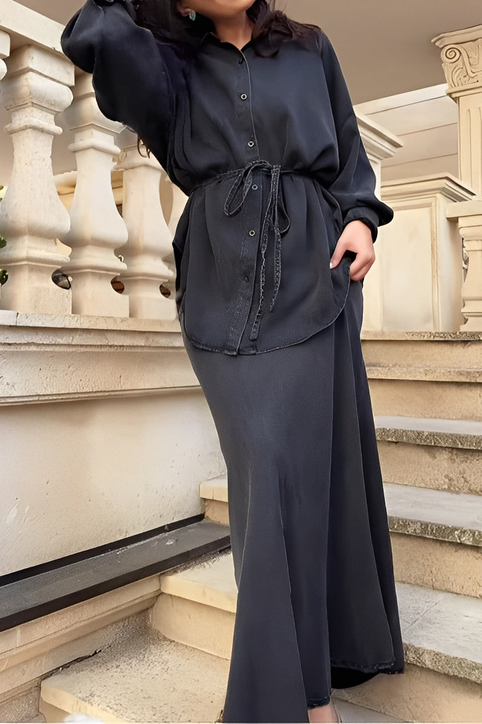 Women's Long-Sleeved Shirt and Skirt Set with Tie-Drawstring and Coordinated Design