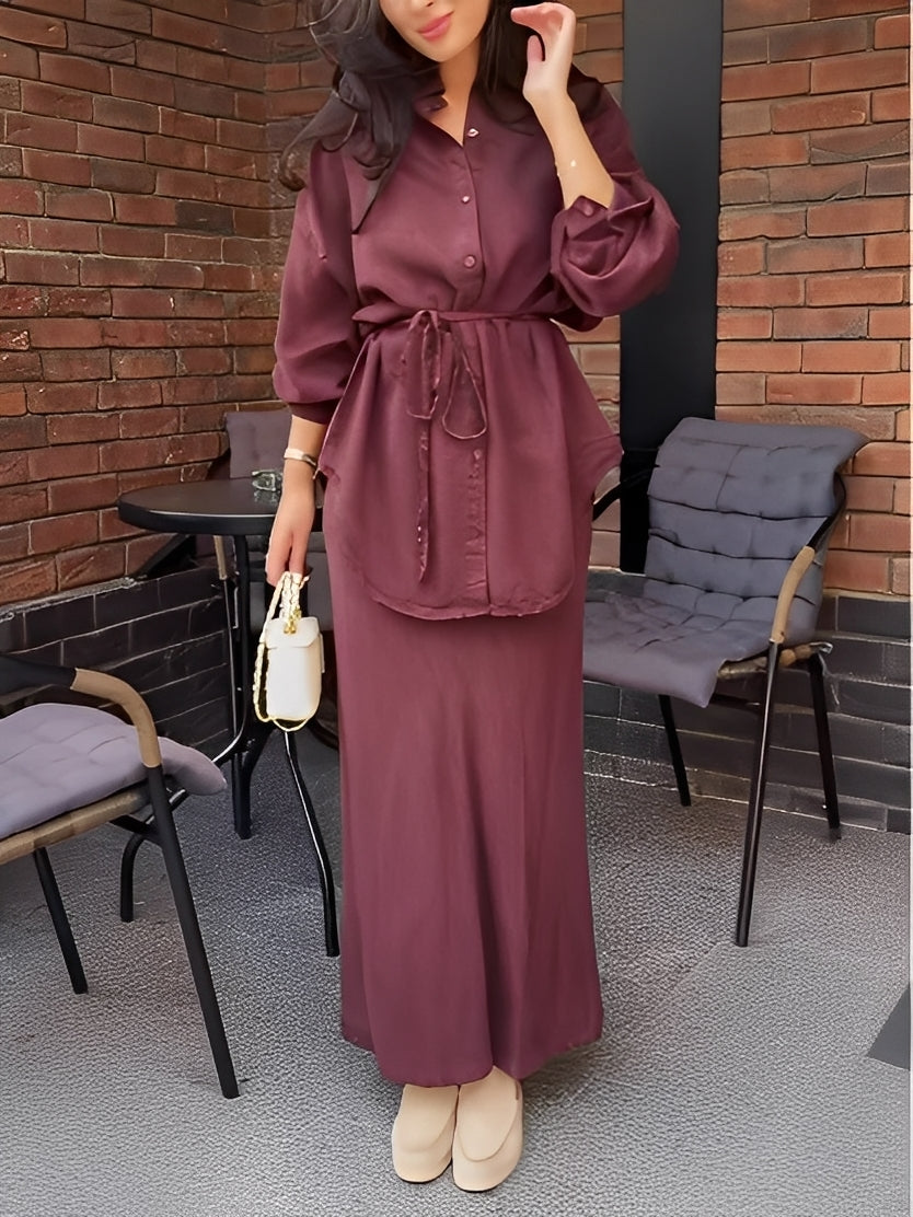 Women's Long-Sleeved Shirt and Skirt Set with Tie-Drawstring and Coordinated Design