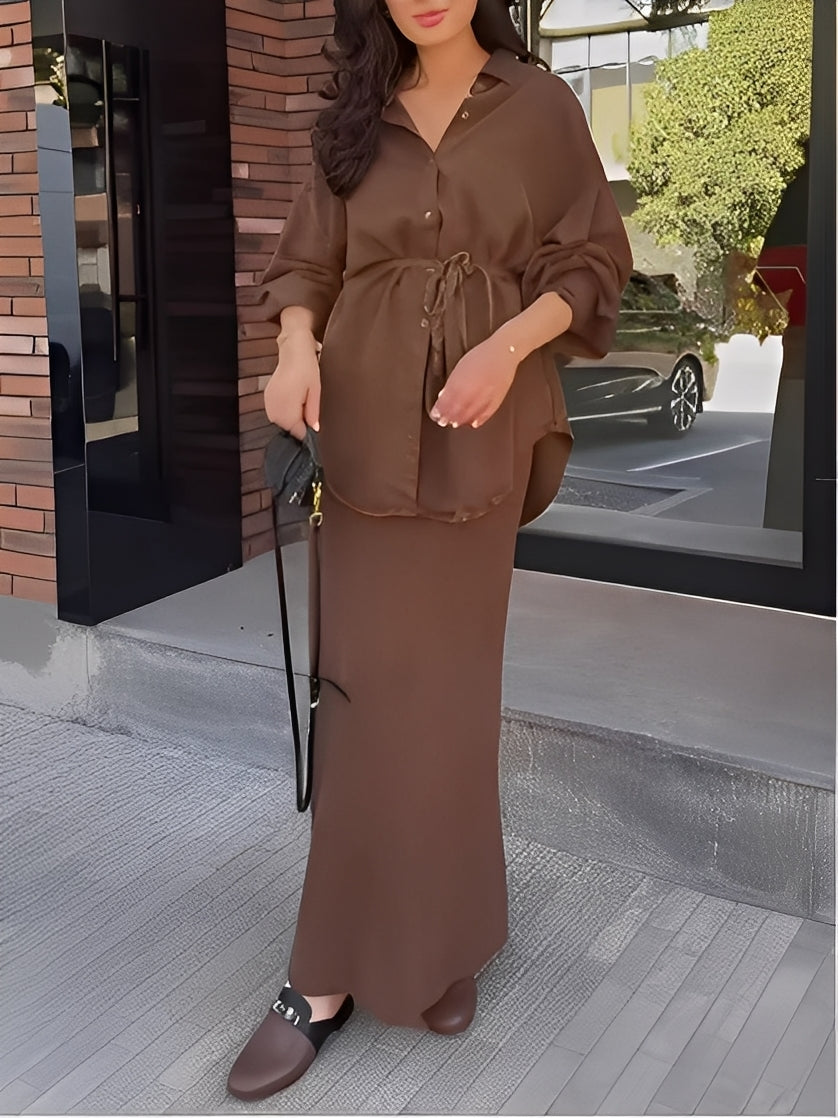 Women's Long-Sleeved Shirt and Skirt Set with Tie-Drawstring and Coordinated Design