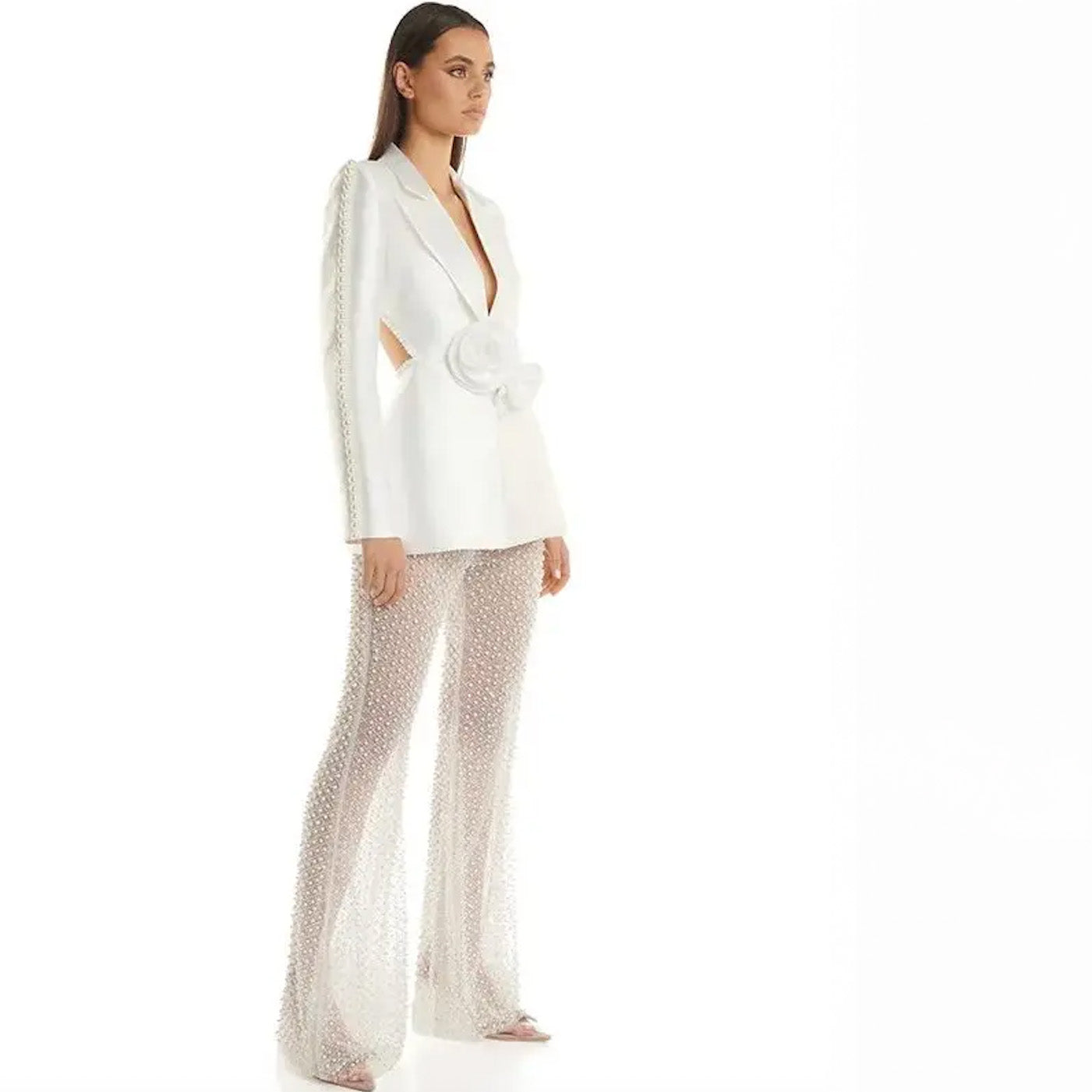Women's Peak Lapel Blazer and Flared Sheer Pants Set | Rose Appliques and Bead Trim