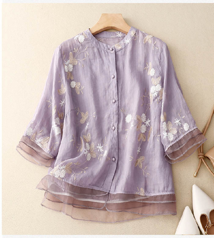 Women's Blouse with Floral Accents and Lightweight Fabric