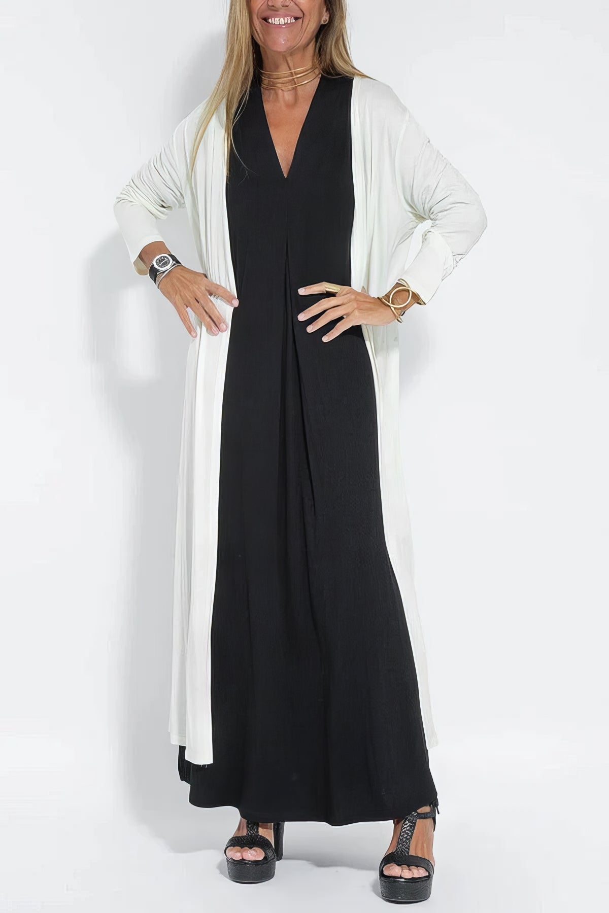 Women's Long Dress with Coordinated Cardigan and Versatile Style