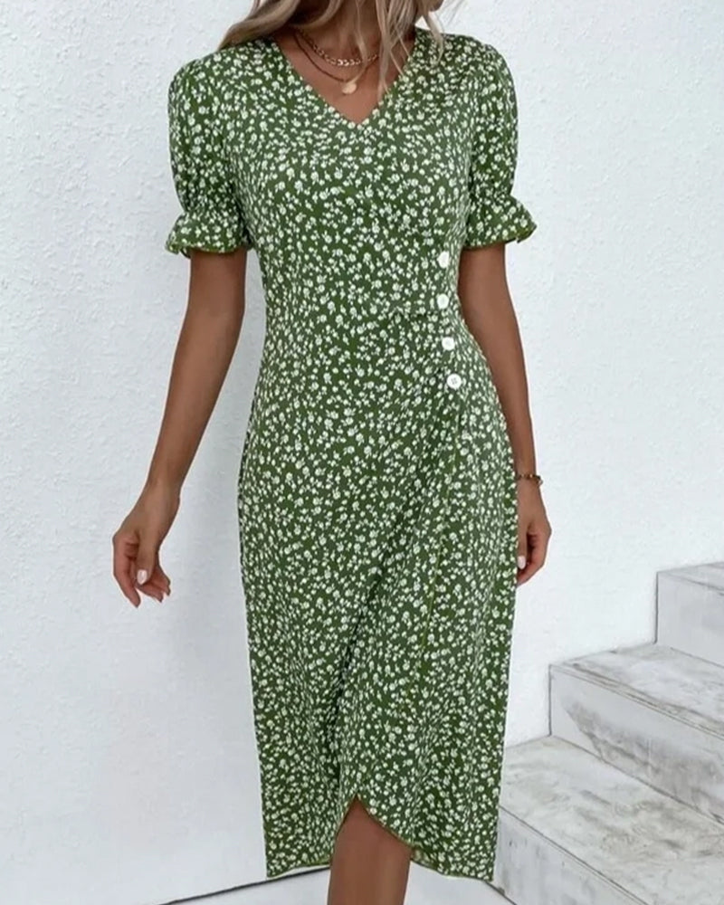 Women's V-Neck Dress with Floral Print and Flowy Design