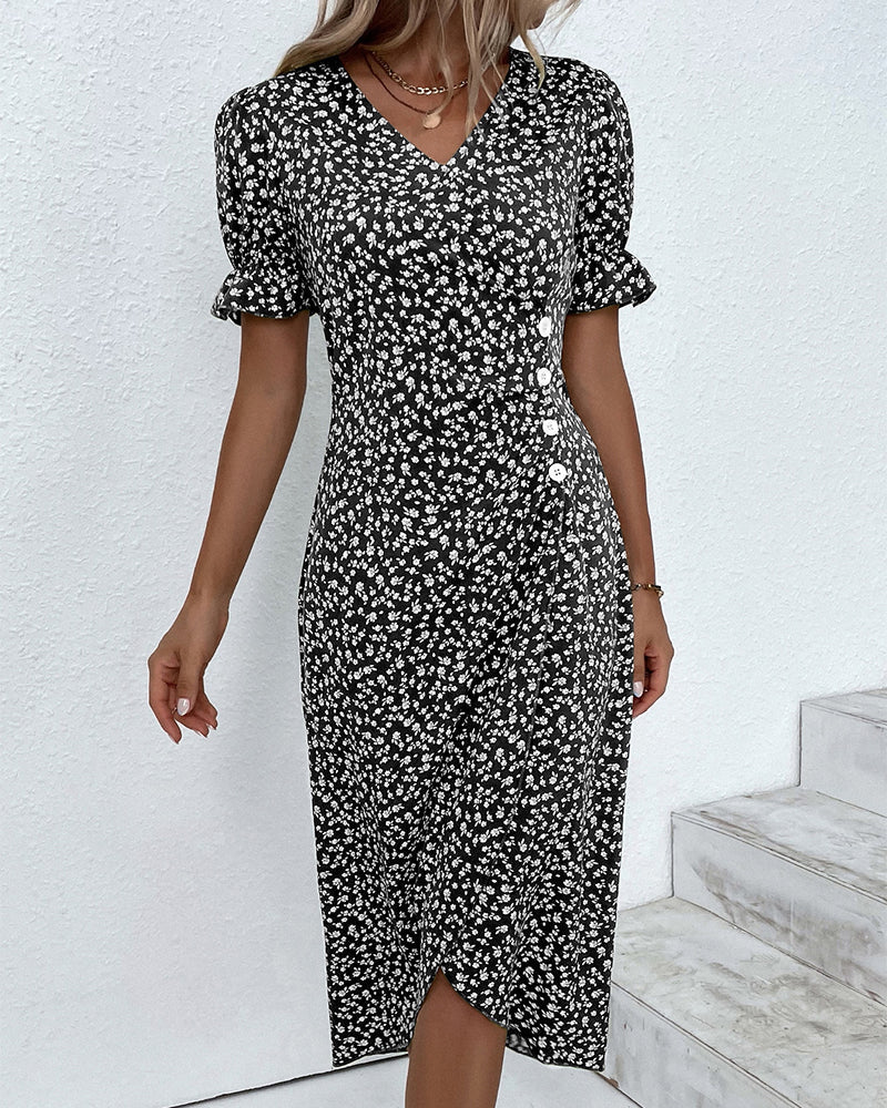Women's V-Neck Dress with Floral Print and Flowy Design