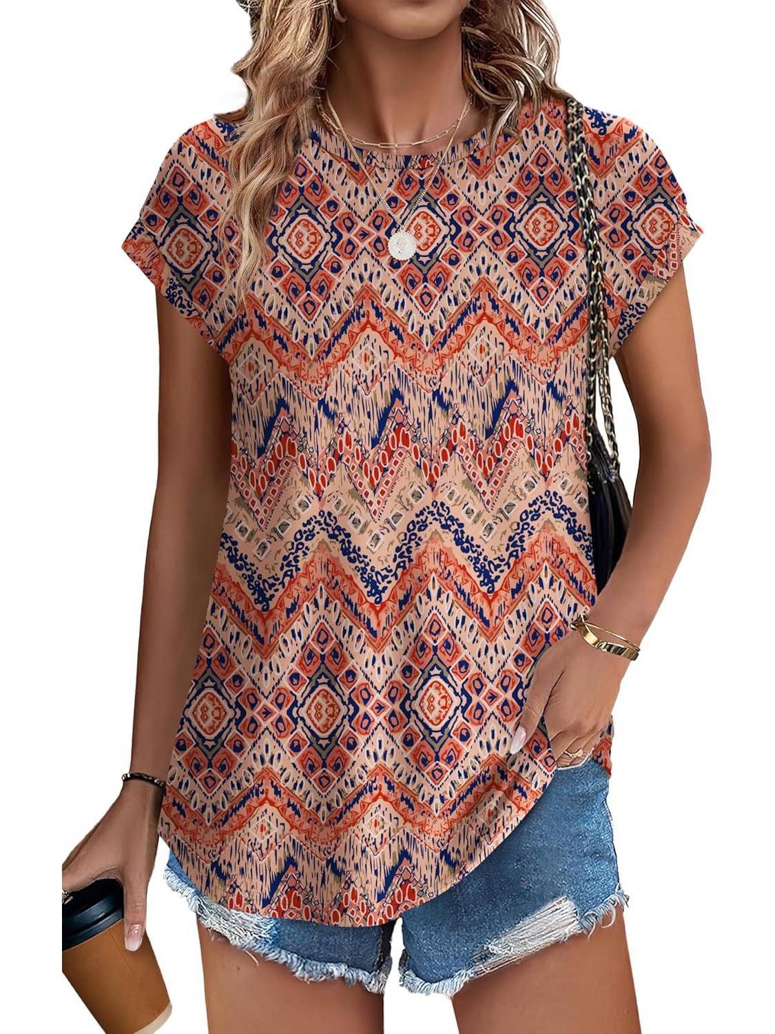 Women's Casual Top with Leaf Print and Crew Neck
